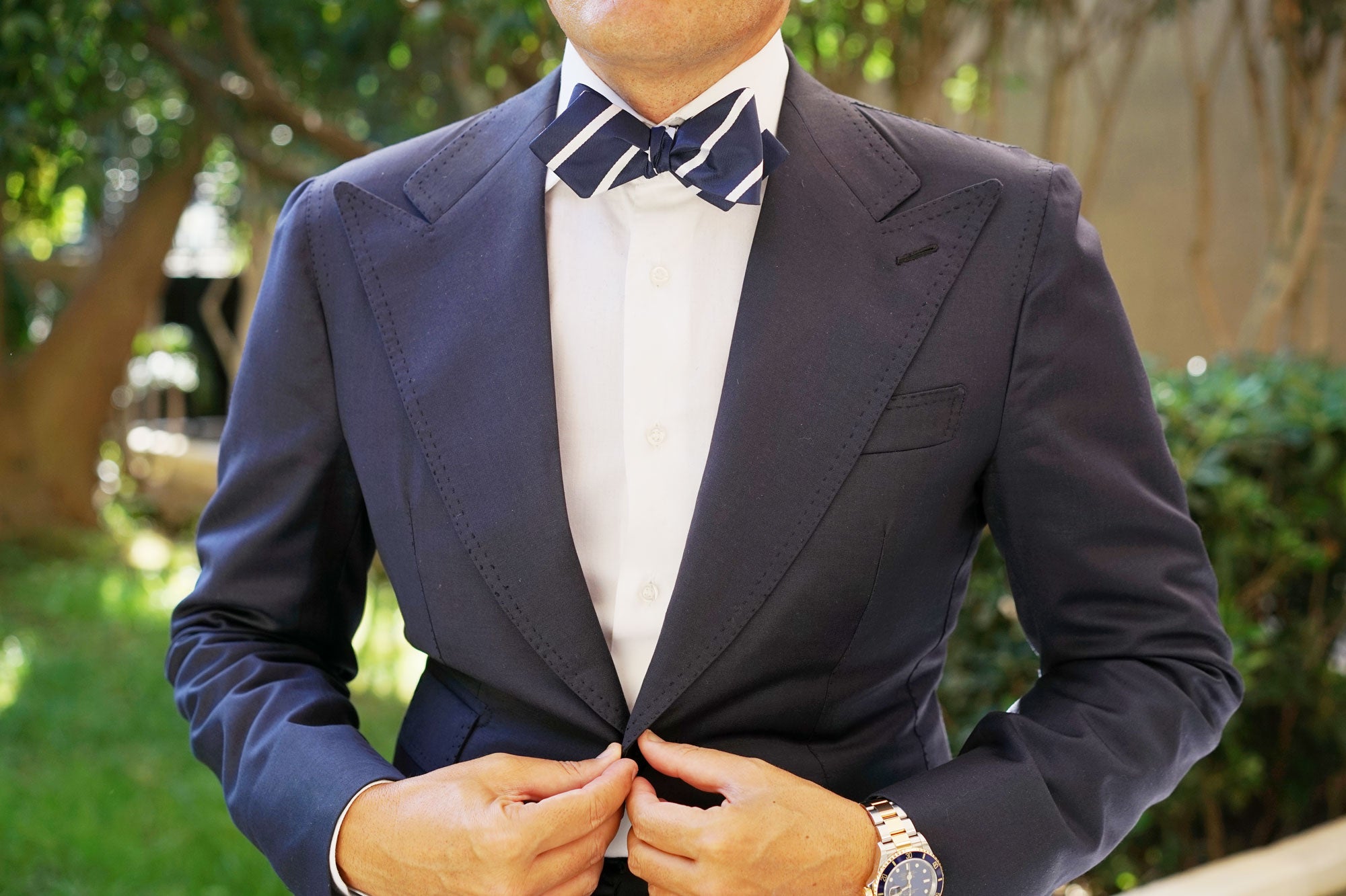 Navy Blue Pencil Stripe Diamond Self Bow Tie