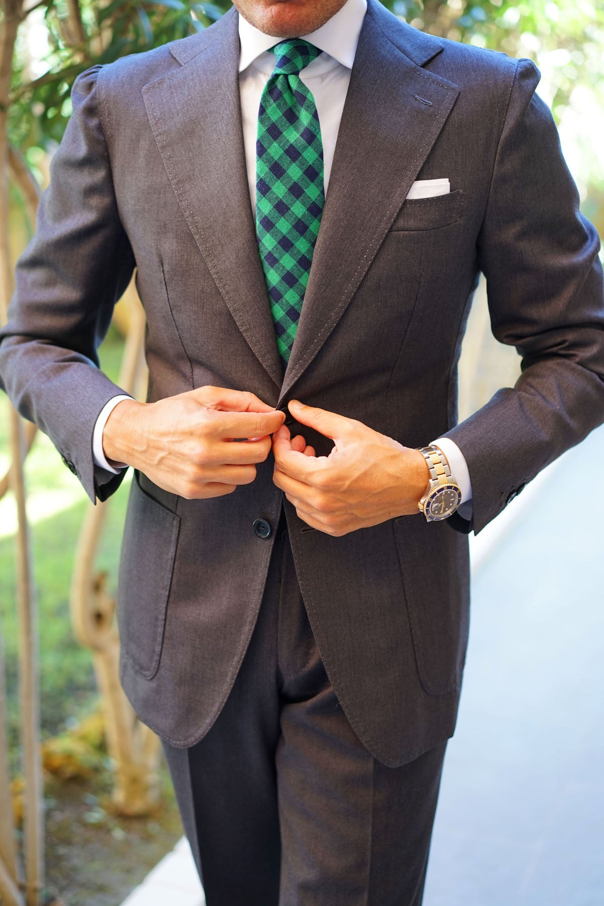 Raw Green Gingham Linen Tie