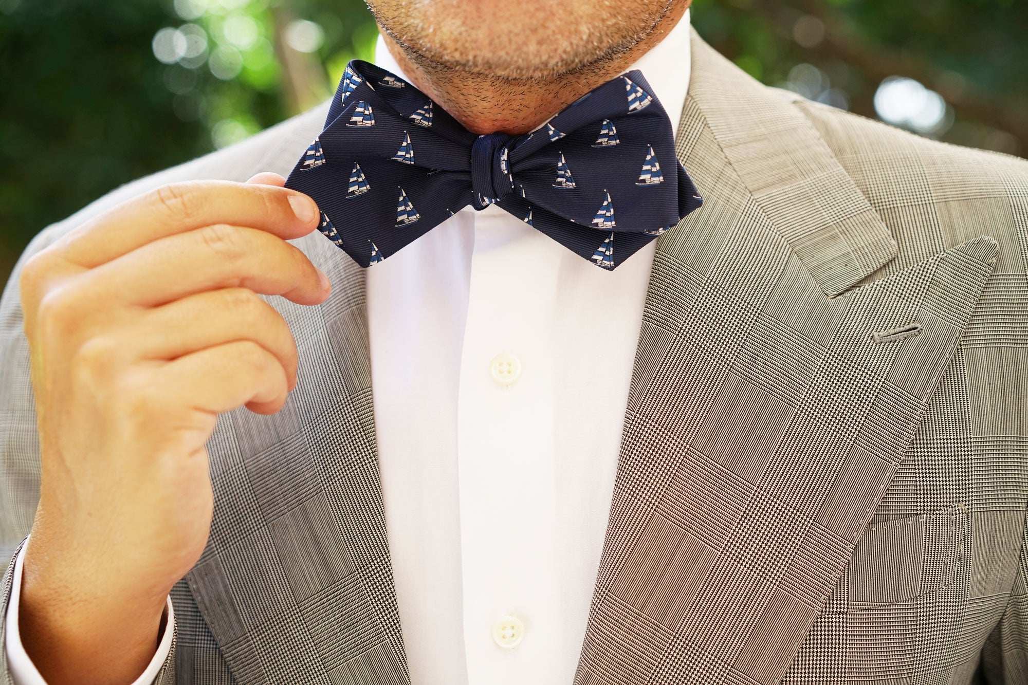 Navy Blue Sailor Boat Self Tie Diamond Tip Bow Tie