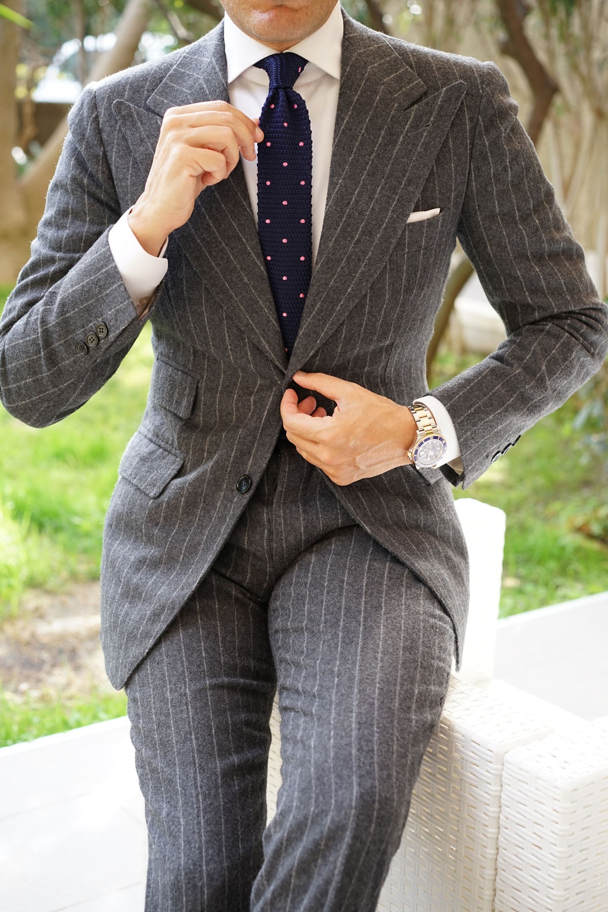 Navy Blue Knitted Tie with Pink Polka Dots