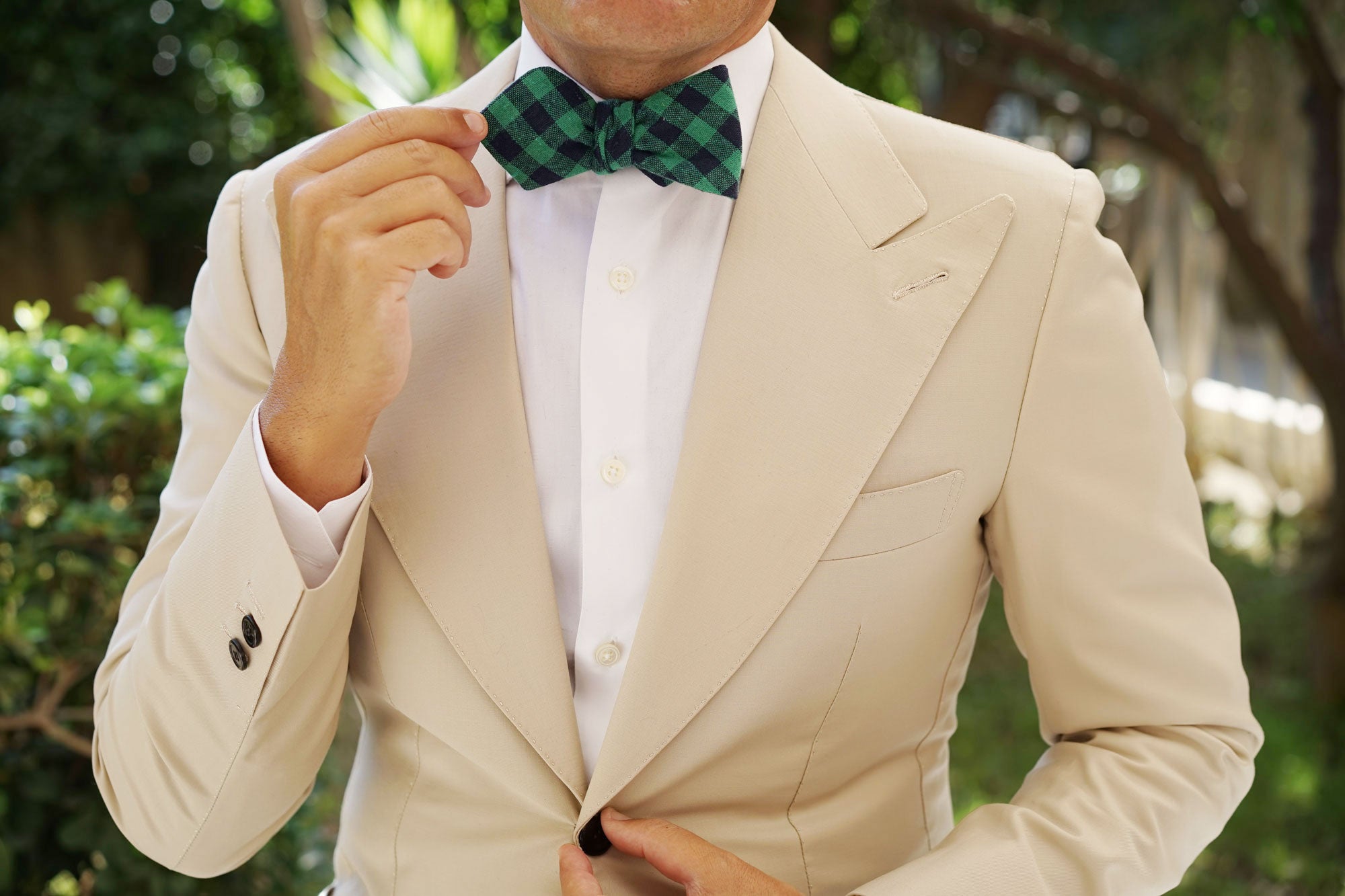 Raw Green Gingham Linen Diamond Self Bow Tie