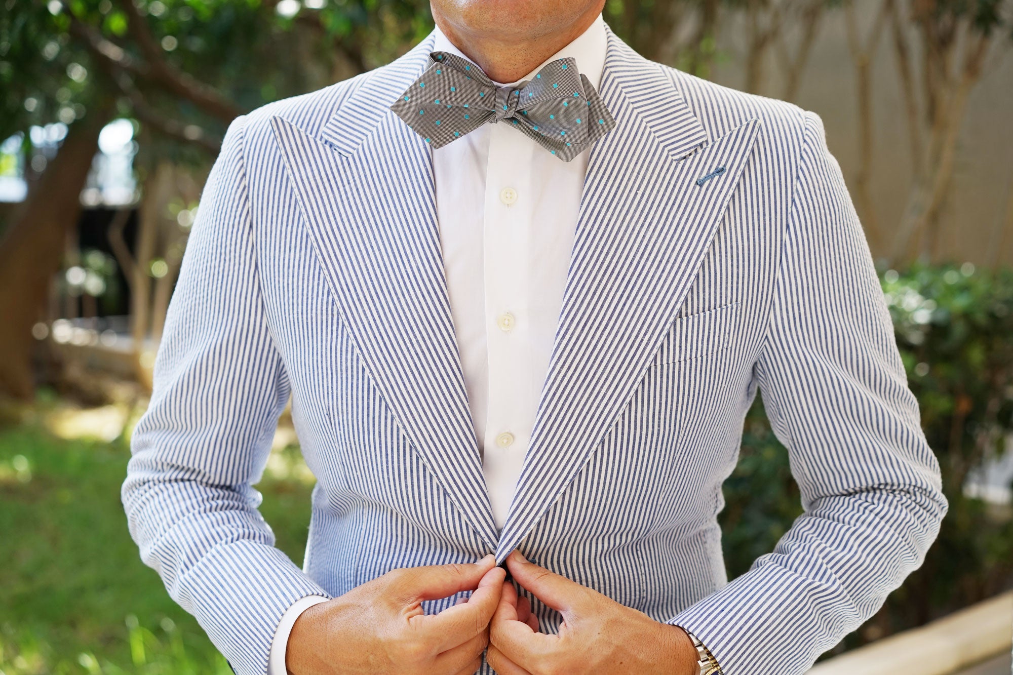 Grey with Mint Blue Polka Dots Self Tie Diamond Tip Bow Tie