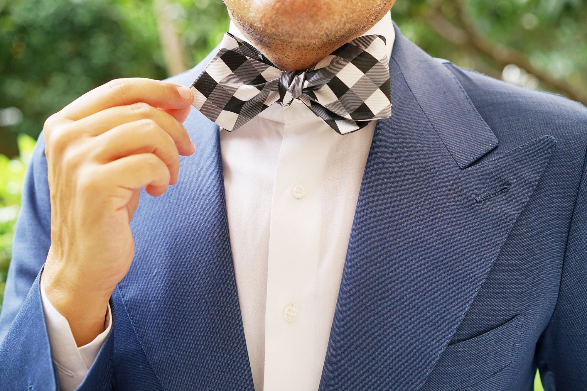 Black White Grey Checkered Self Tie Diamond Tip Bow Tie