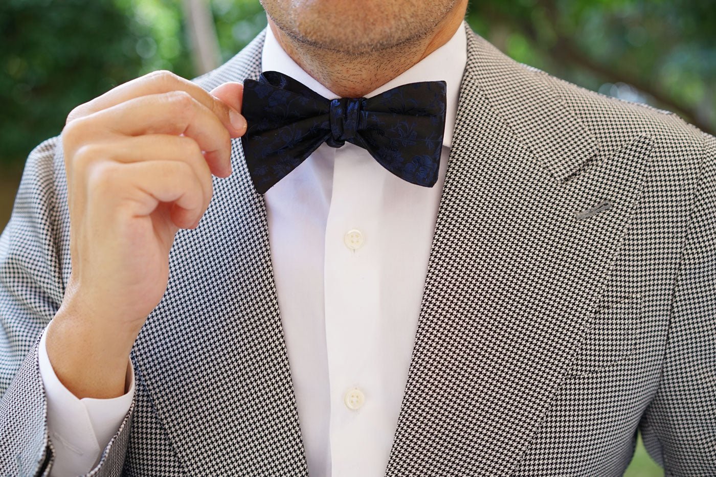 Navy Blue on Black Vine Floral Self Bow Tie