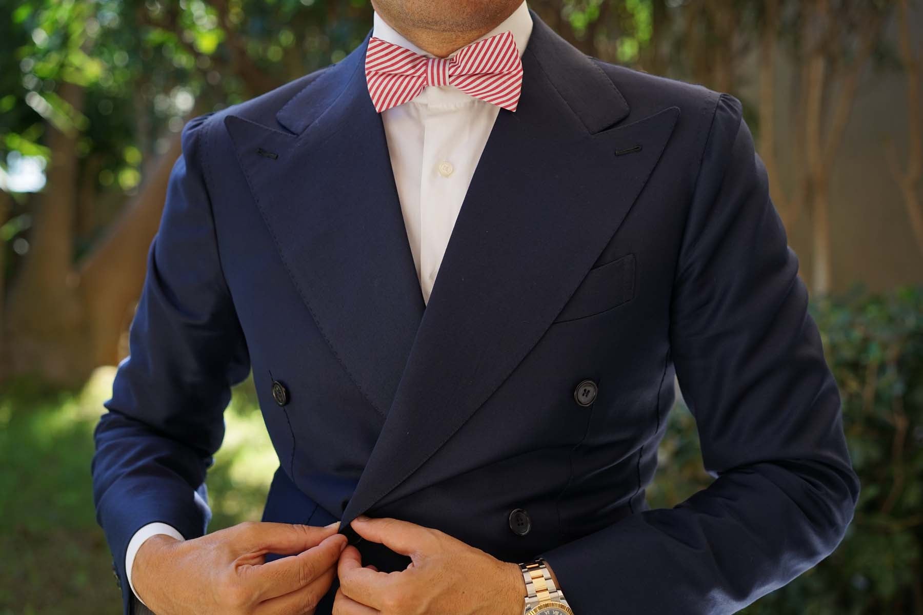 Red and White Chalk Stripe Cotton Bow Tie