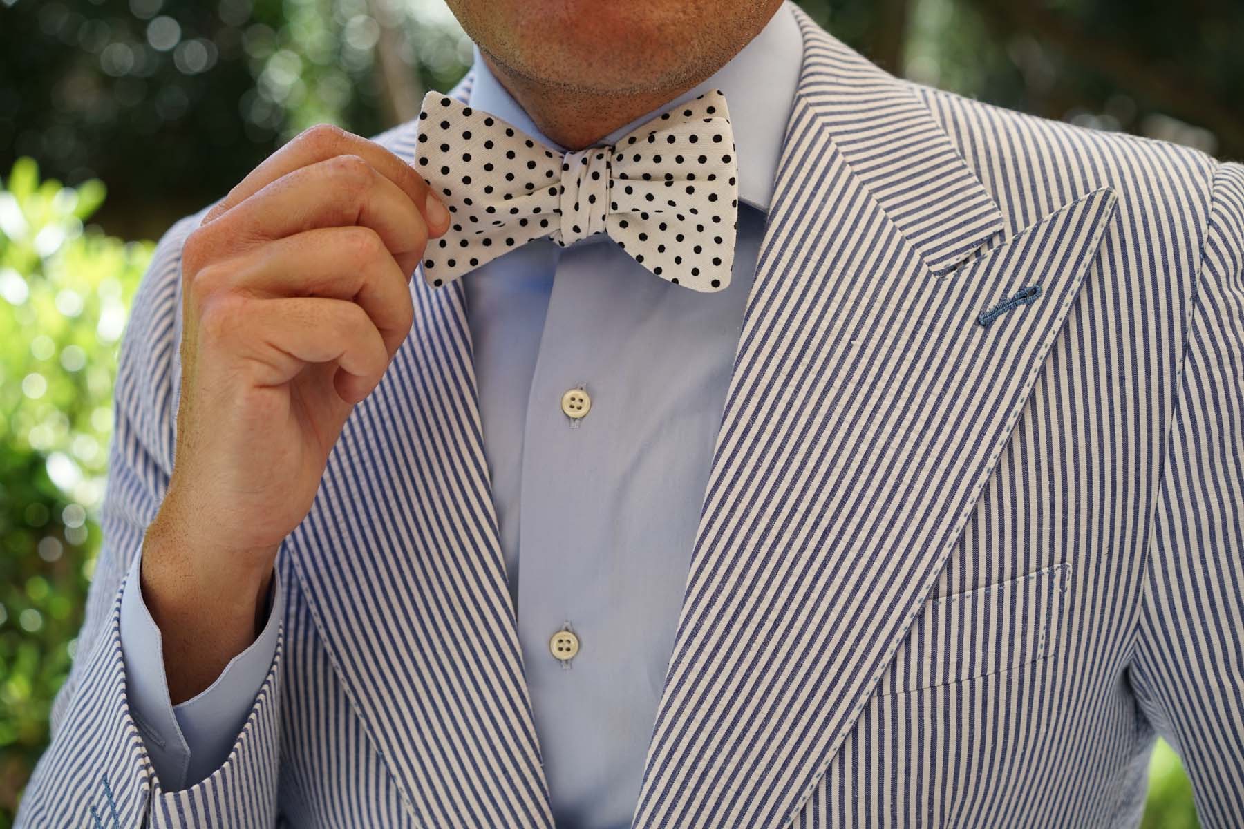 White with Black Polkadot Cotton Self Bow Tie