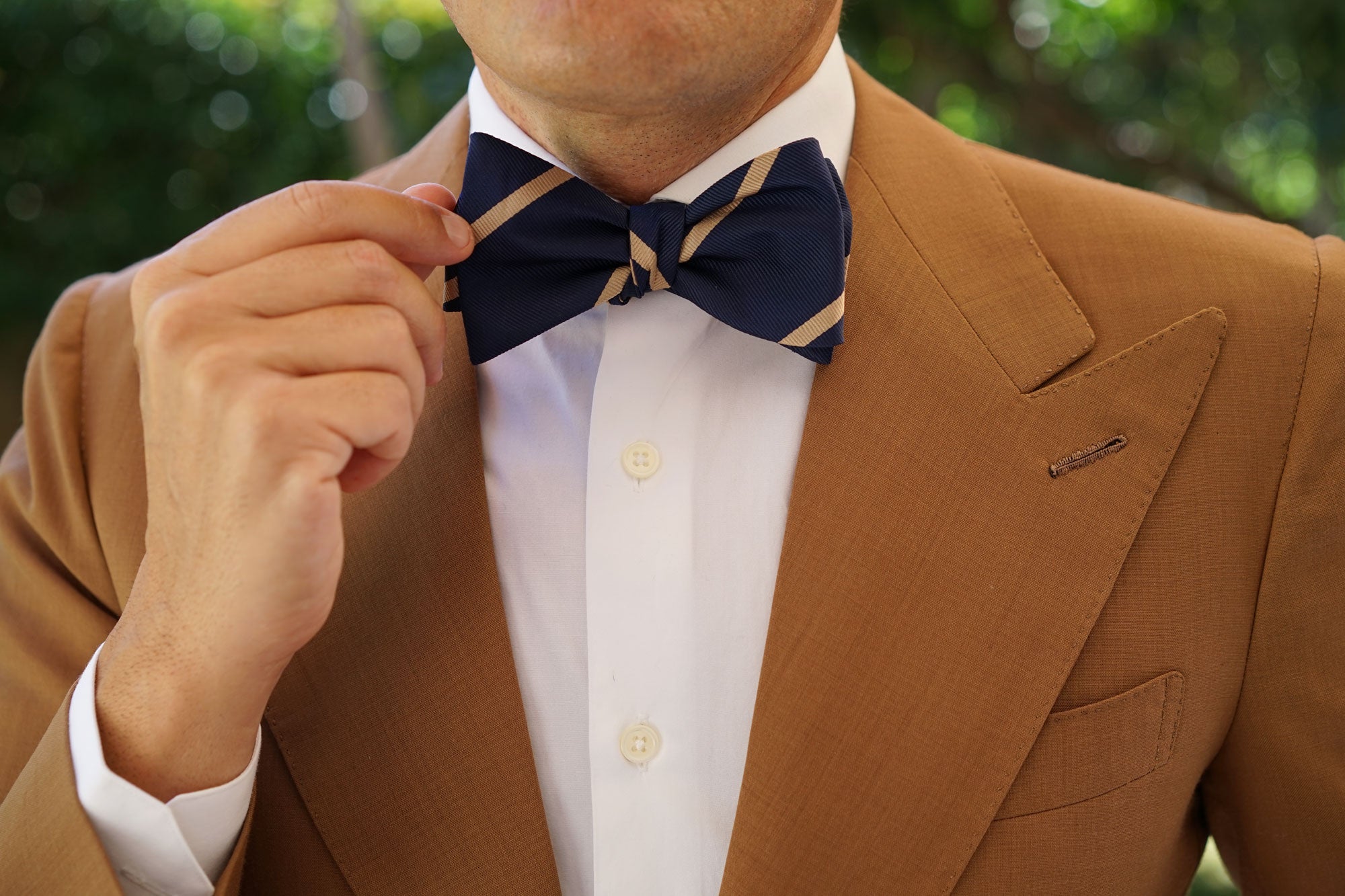 Navy Blue Champagne Gold Striped Self Bow Tie