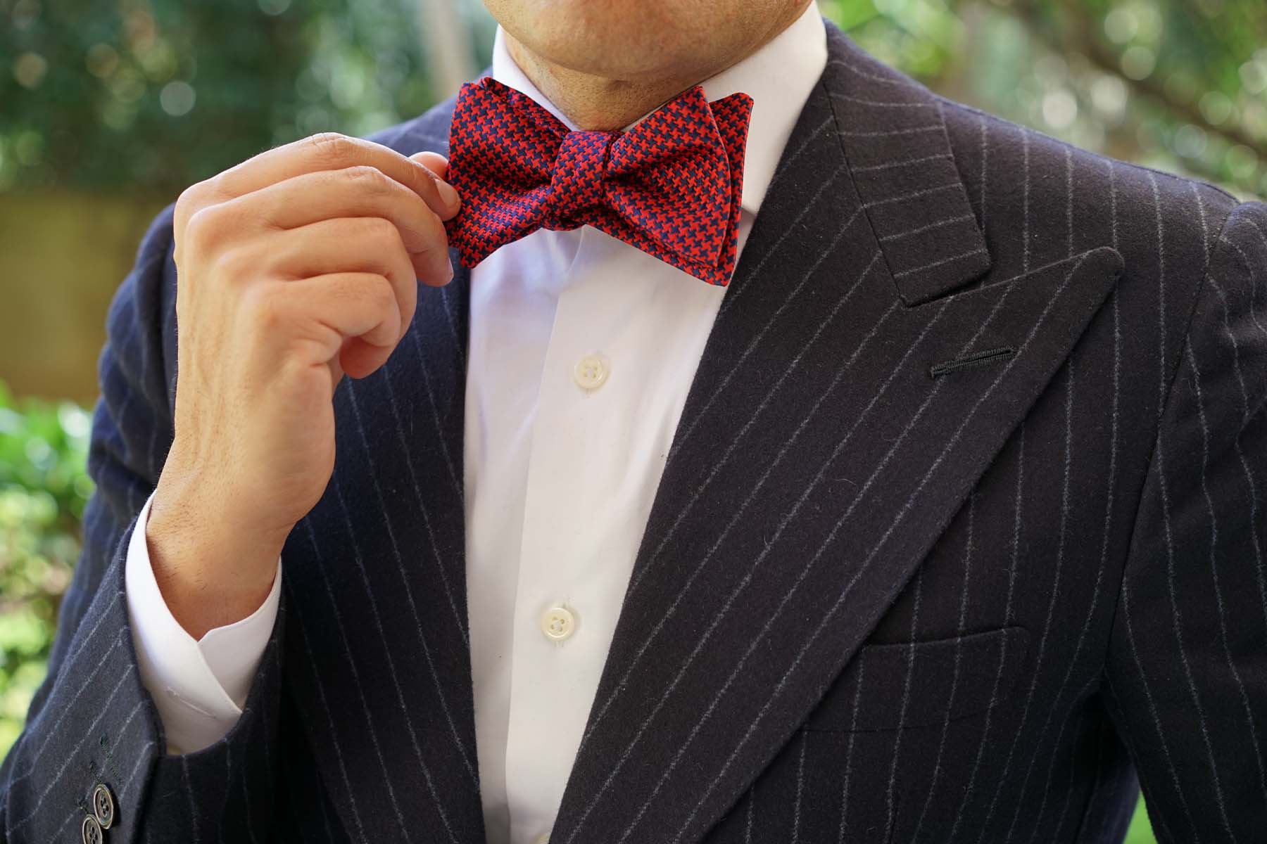 Scarlet Red Houndstooth Self Bow Tie