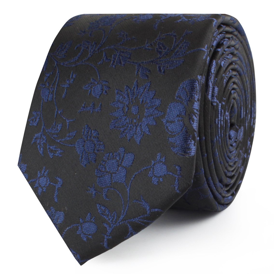 Navy Blue on Black Vine Floral Skinny Tie