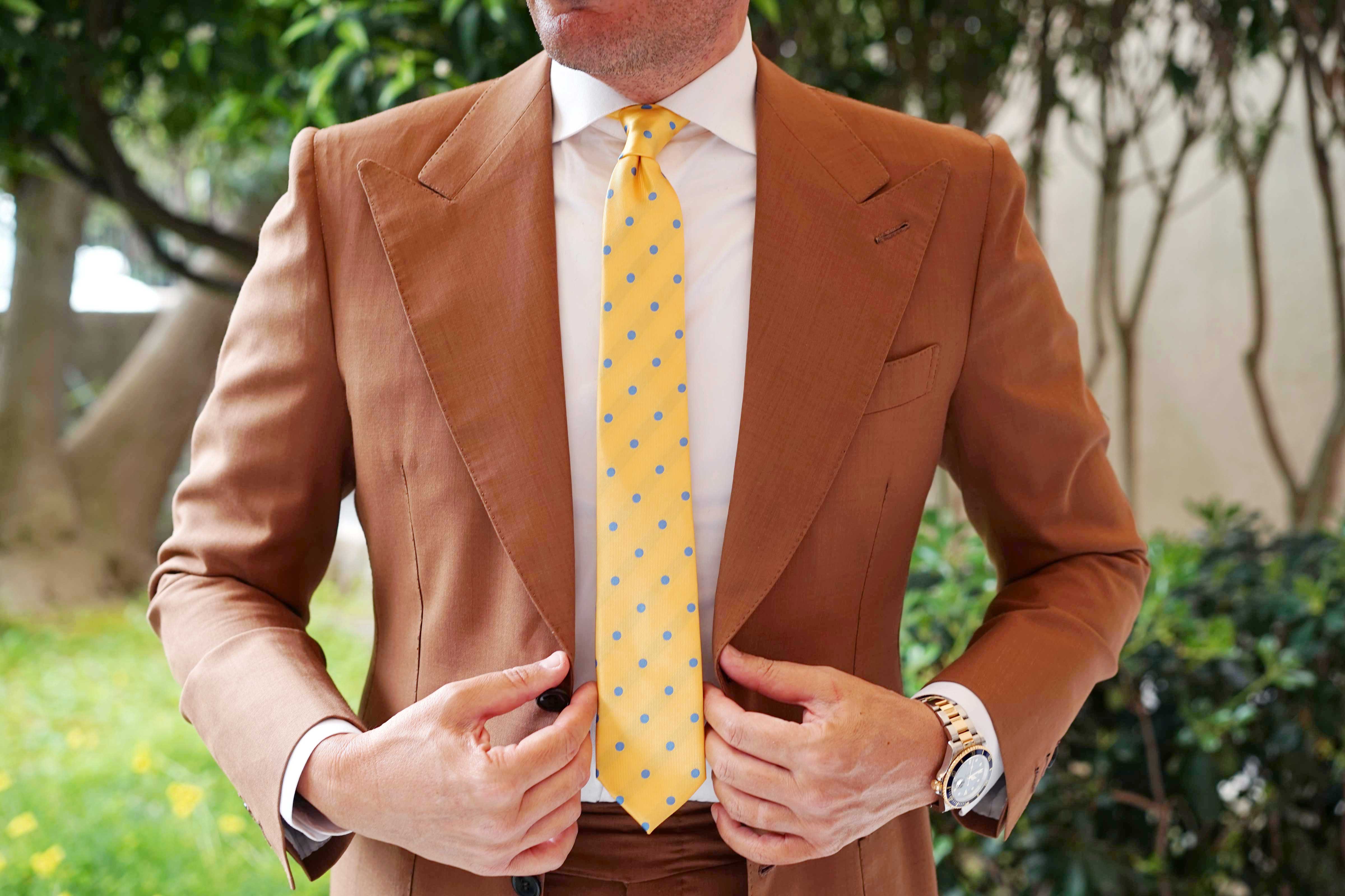 Yellow Skinny Tie with Light Blue Polka Dots