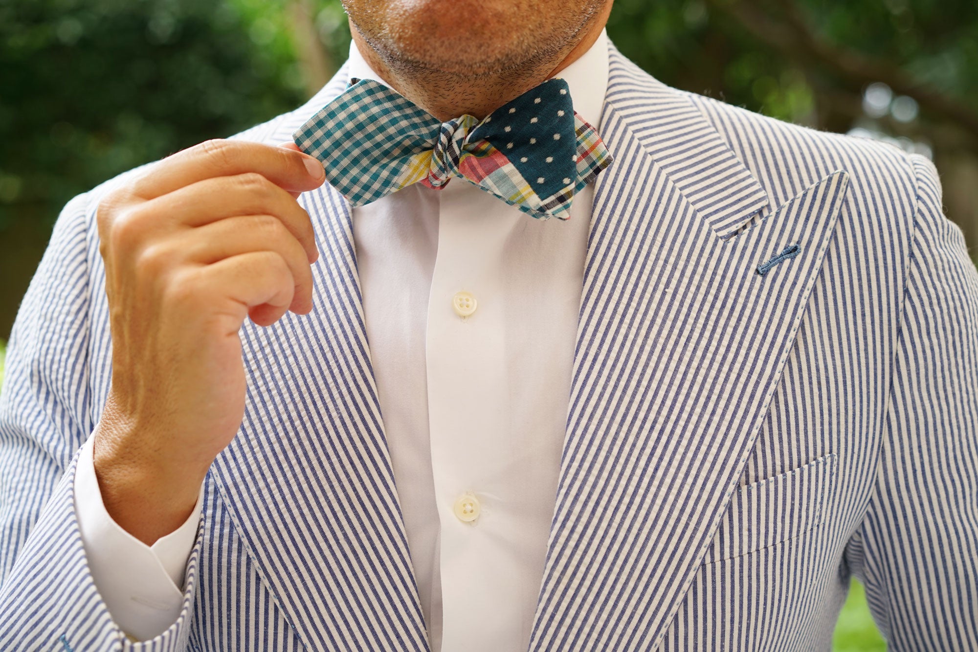 Plaid Blue Gingham Cotton Polka Dot Self Tie Diamond Bow Tie