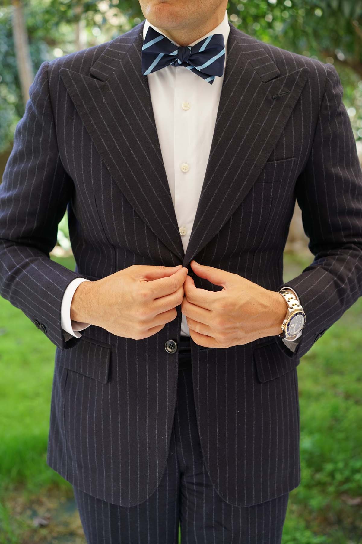 Blue Pencil Stripe Self Bow Tie