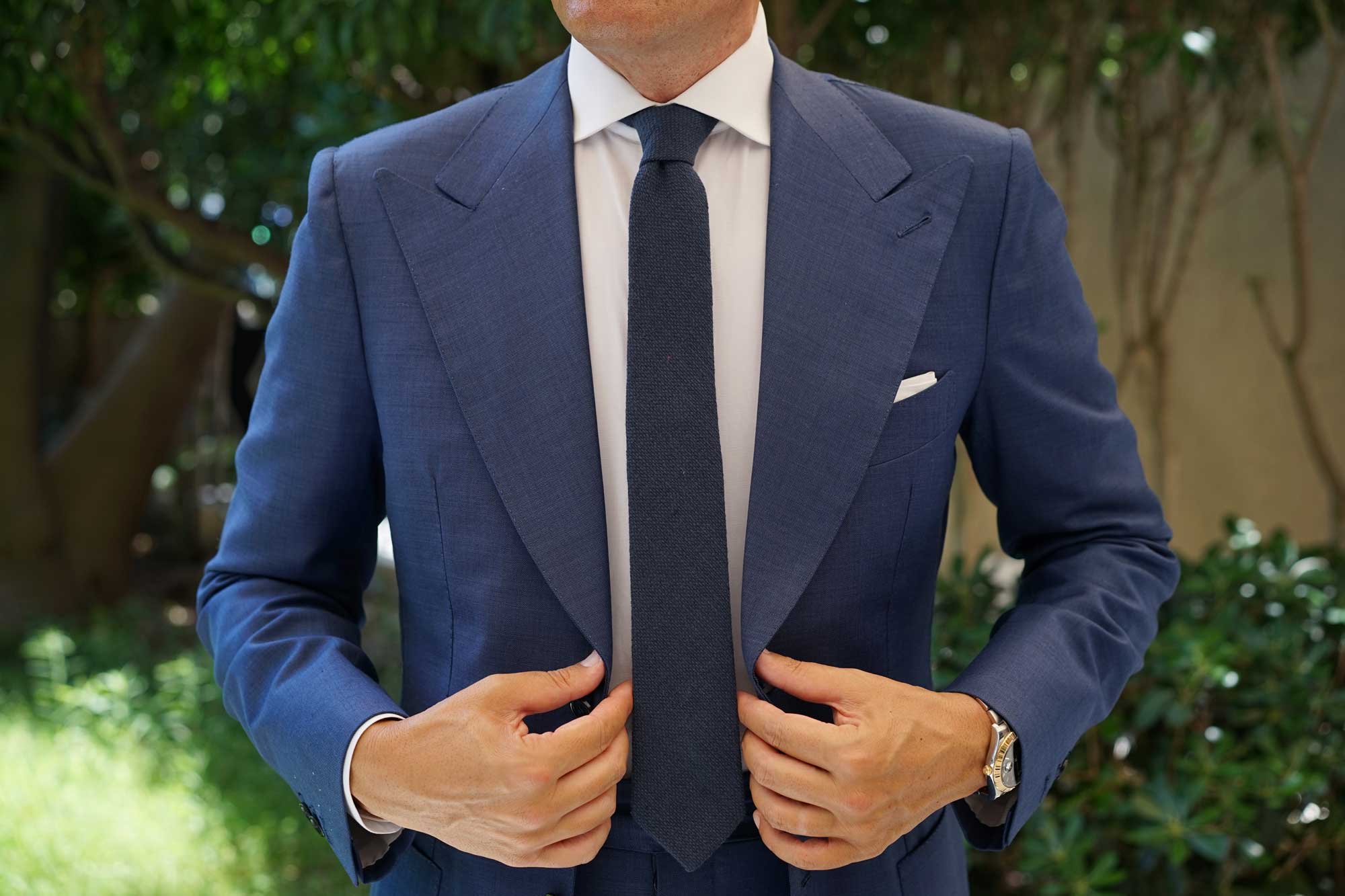 Navy Blue Basket Weave Linen Skinny Tie