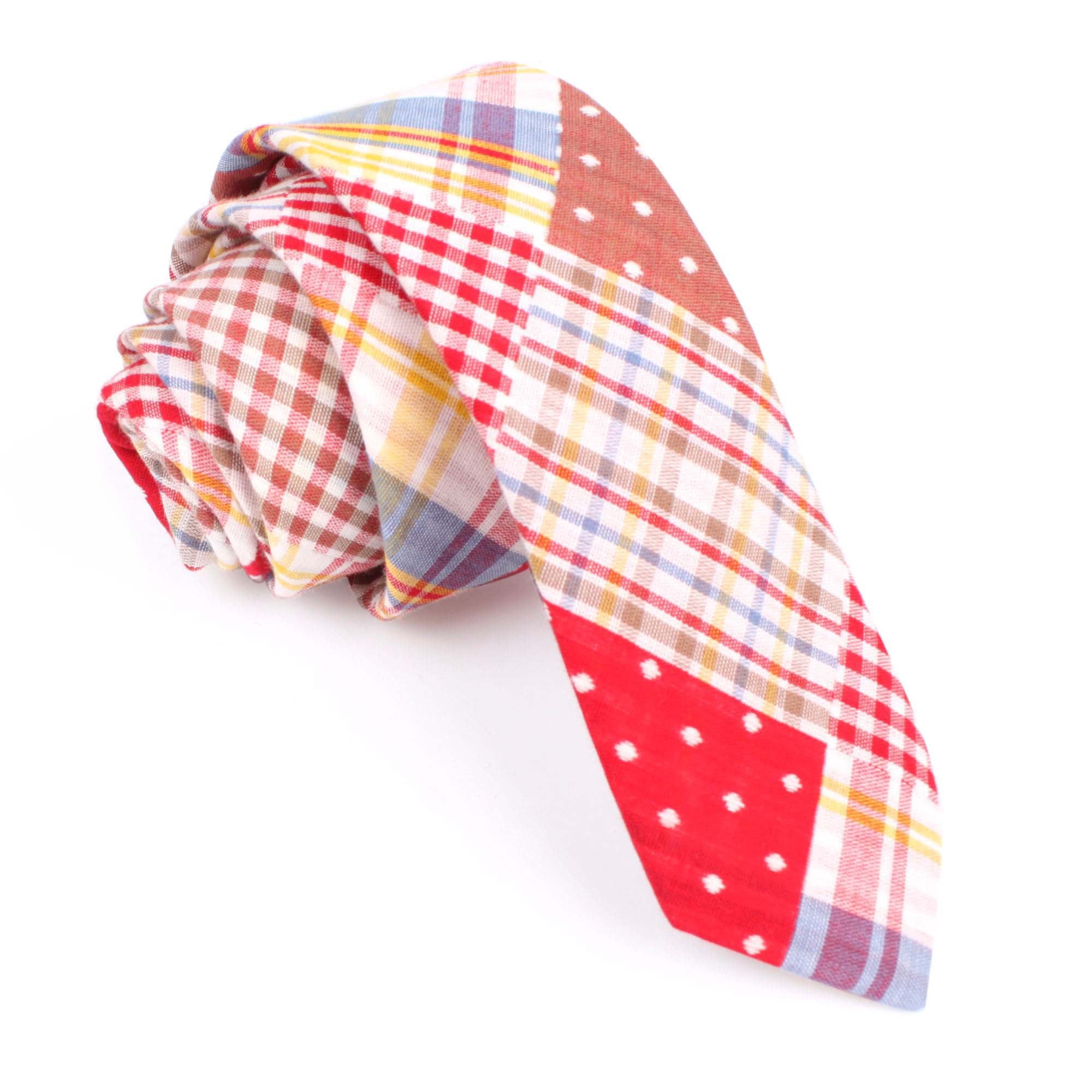 Plaid Red Gingham Cotton Polka Dot Skinny Tie