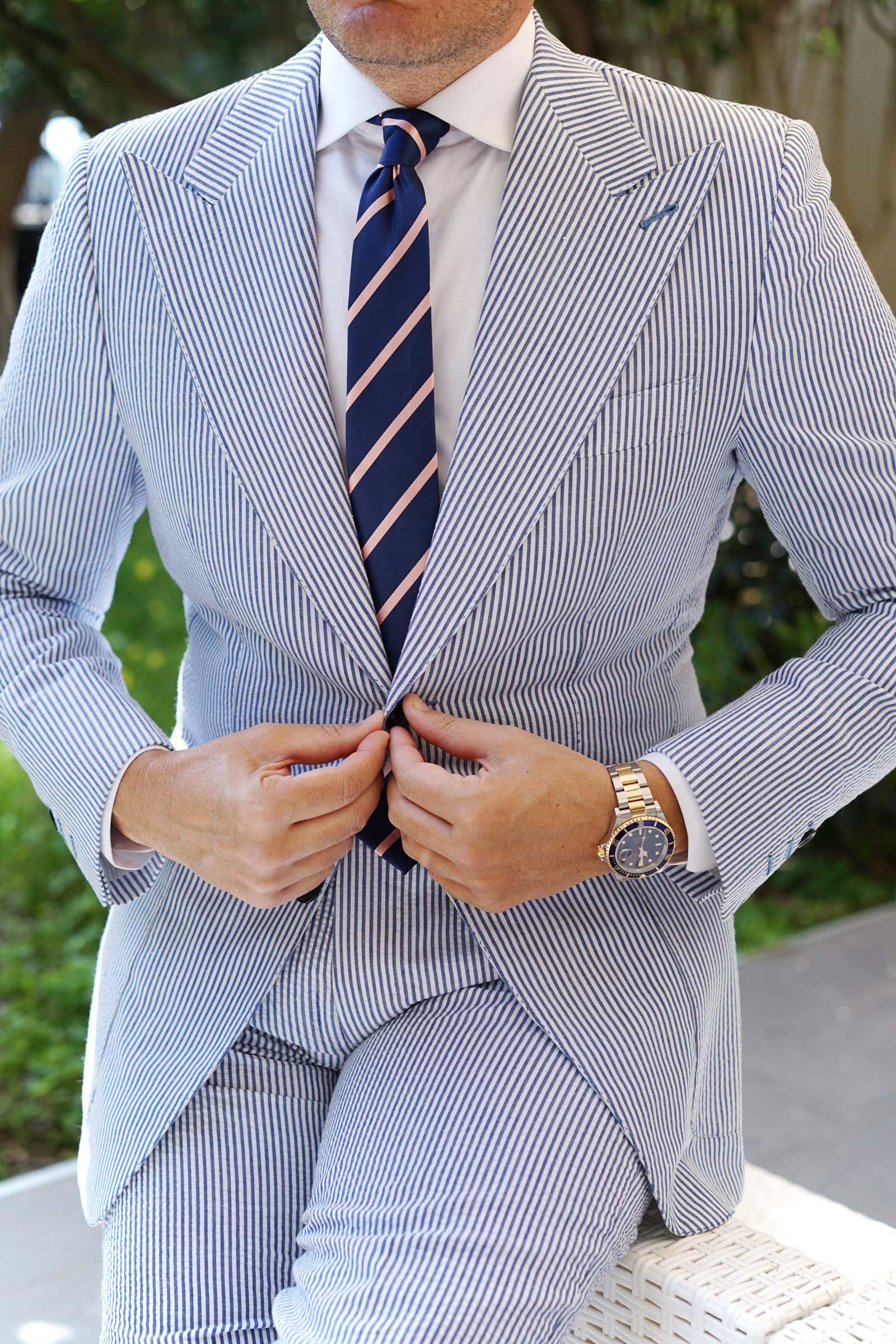 Navy Blue with Peach Stripes Skinny Tie