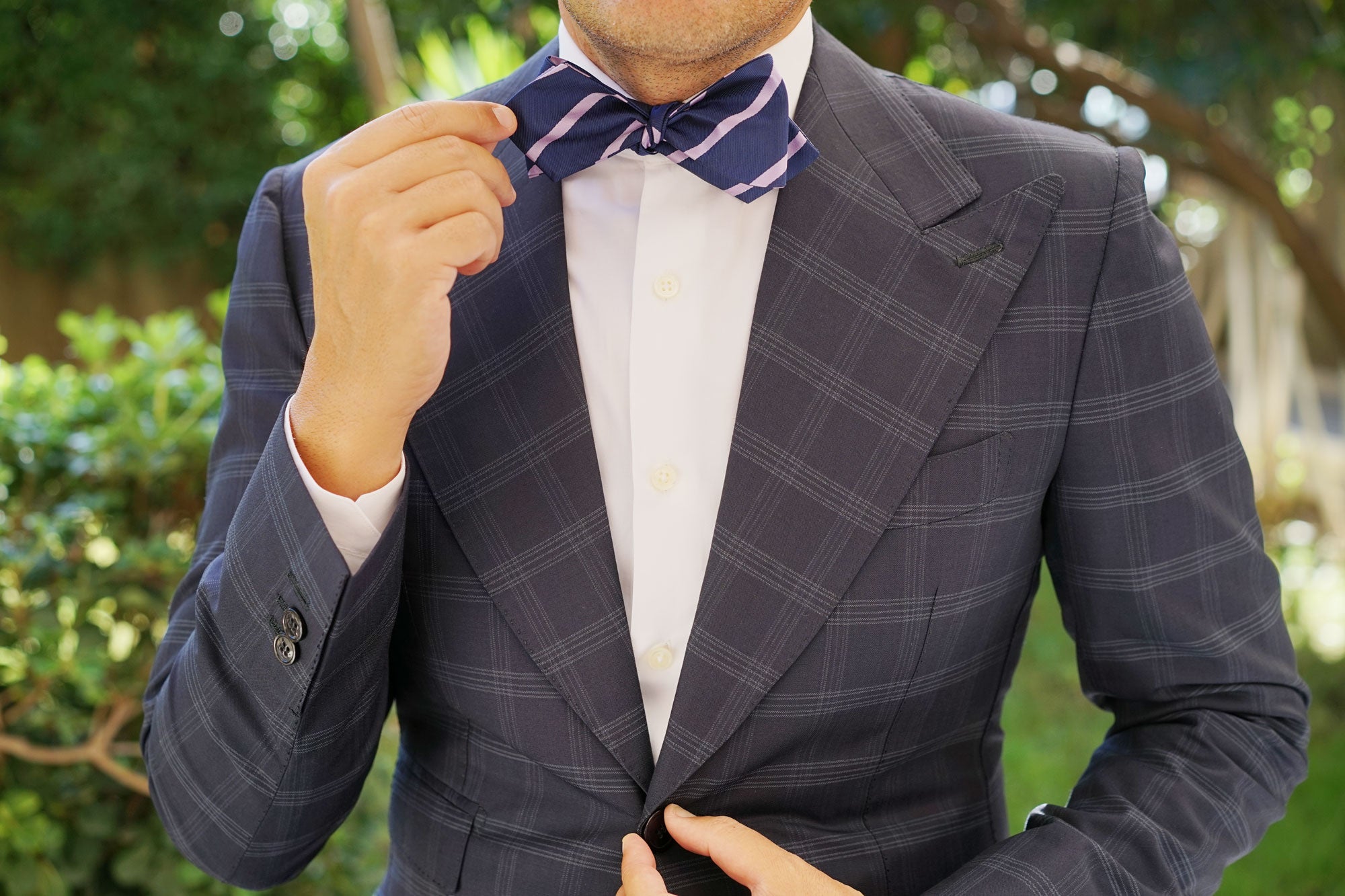 Navy Blue with Lavender Purple Stripes Self Tie Diamond Tip Bow Tie