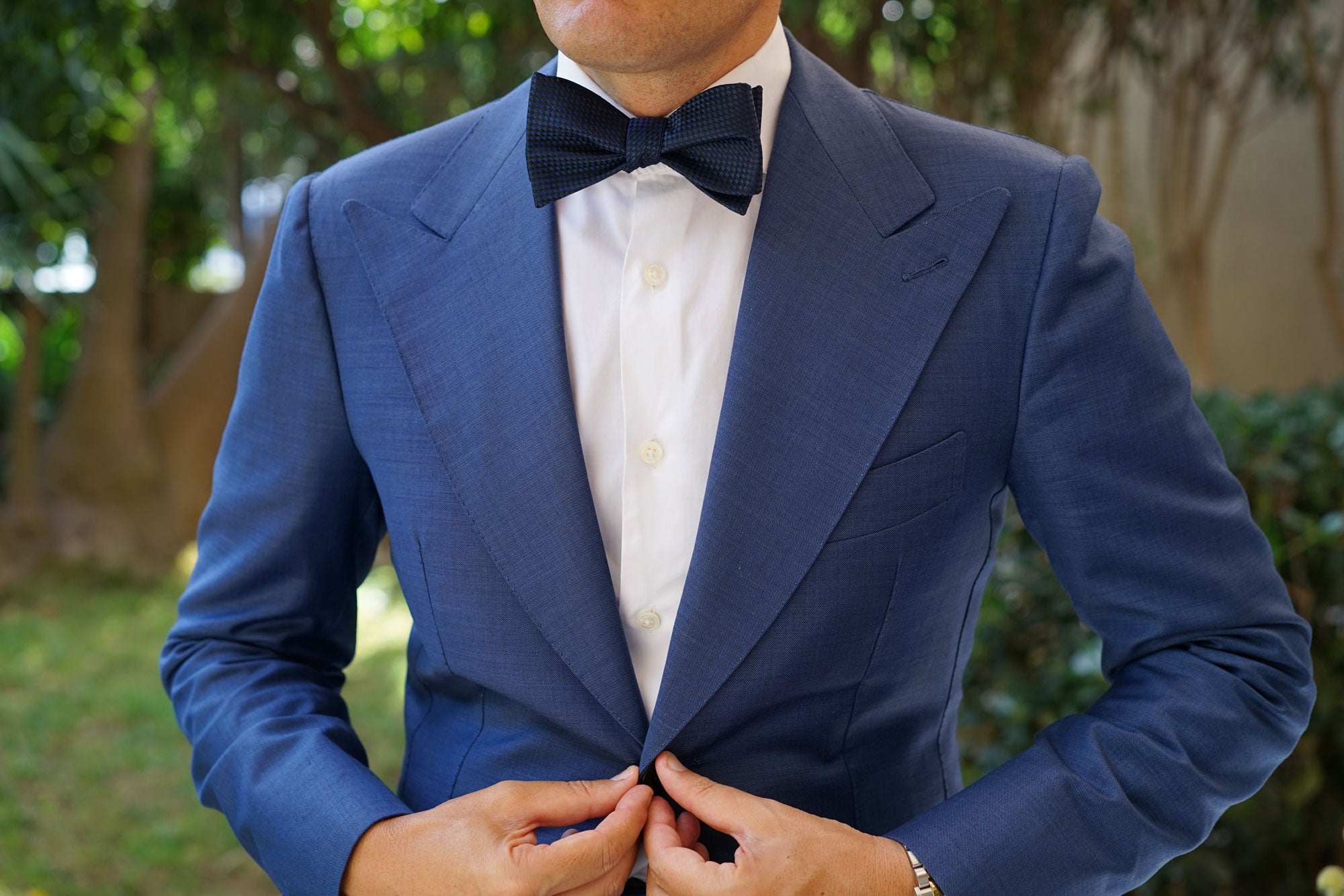 Navy Blue Basket Weave Checkered Self Bow Tie