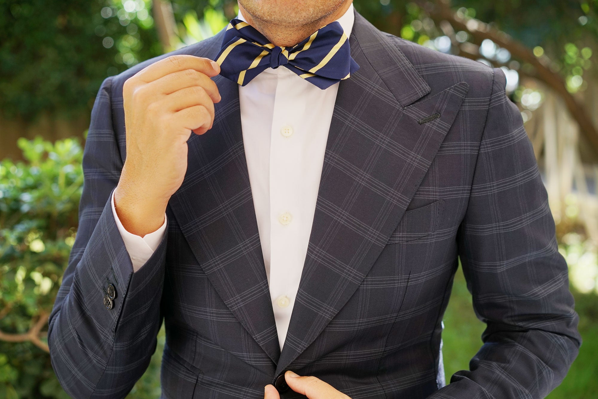 Navy Blue with Yellow Stripes Self Tie Diamond Tip Bow Tie