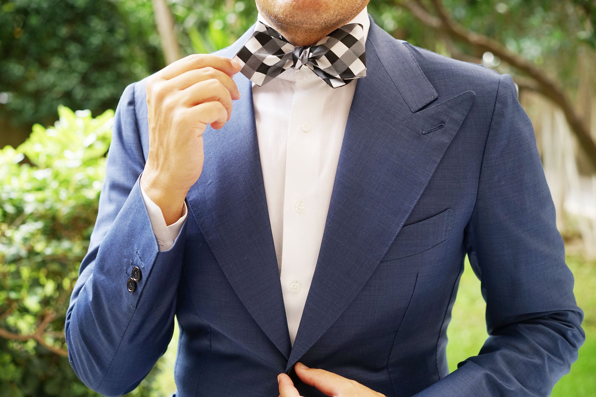 Black White Grey Checkered Self Tie Diamond Tip Bow Tie