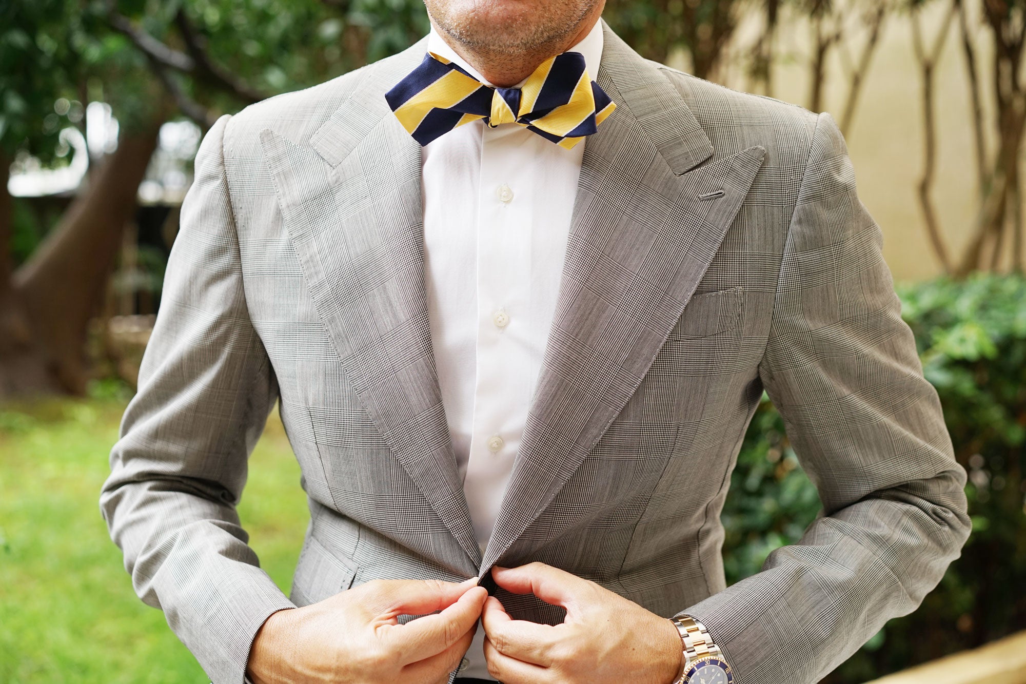 Yellow and Navy Blue Striped Self Tie Diamond Tip Bow Tie