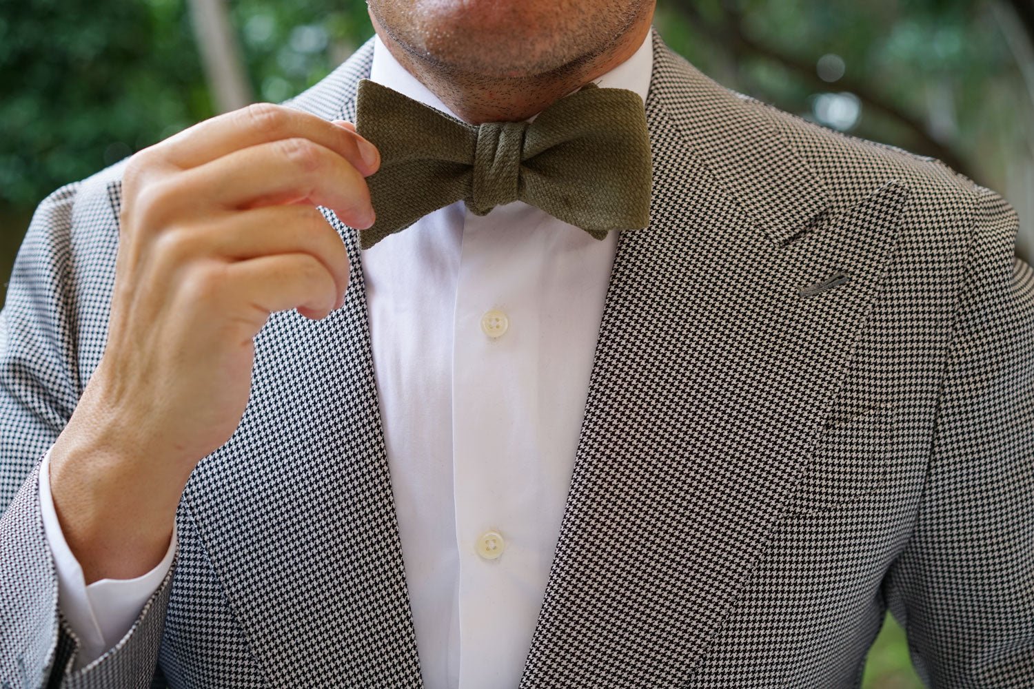 Olive Green Basket Weave Linen Self Bow Tie