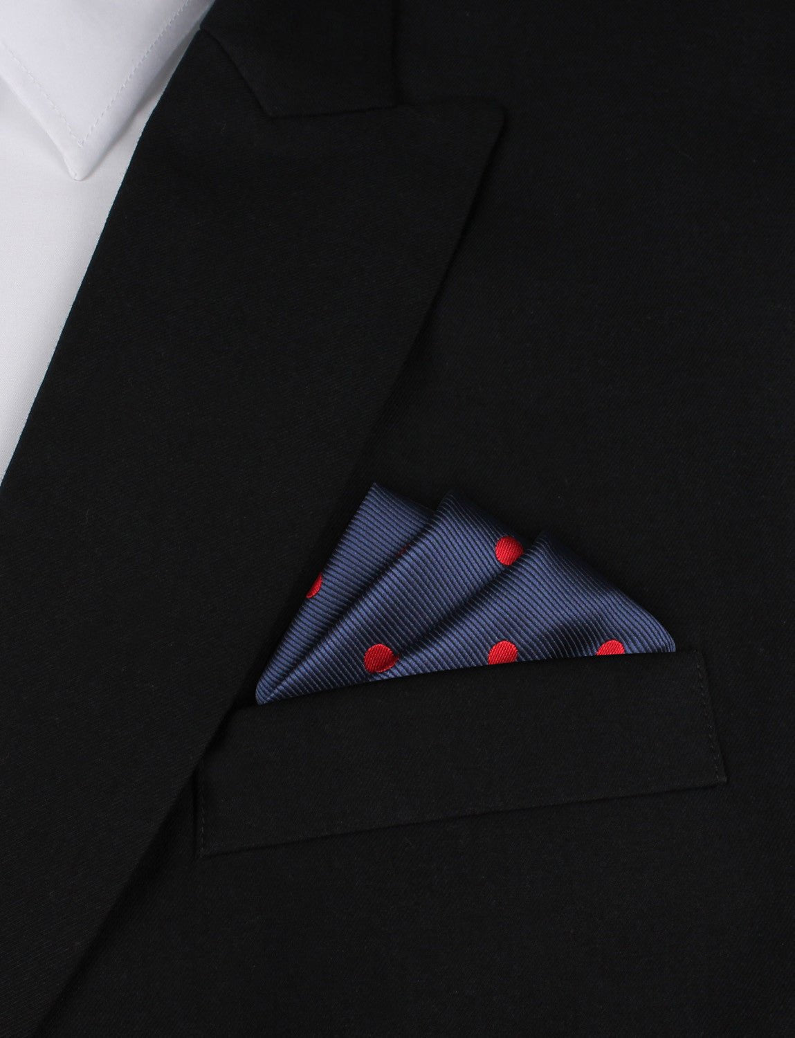 Navy Blue Pocket Square with Red Polka Dots