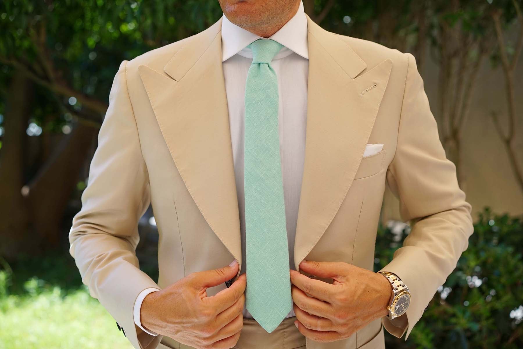 Mint Blush Green Chevron Linen Skinny Tie