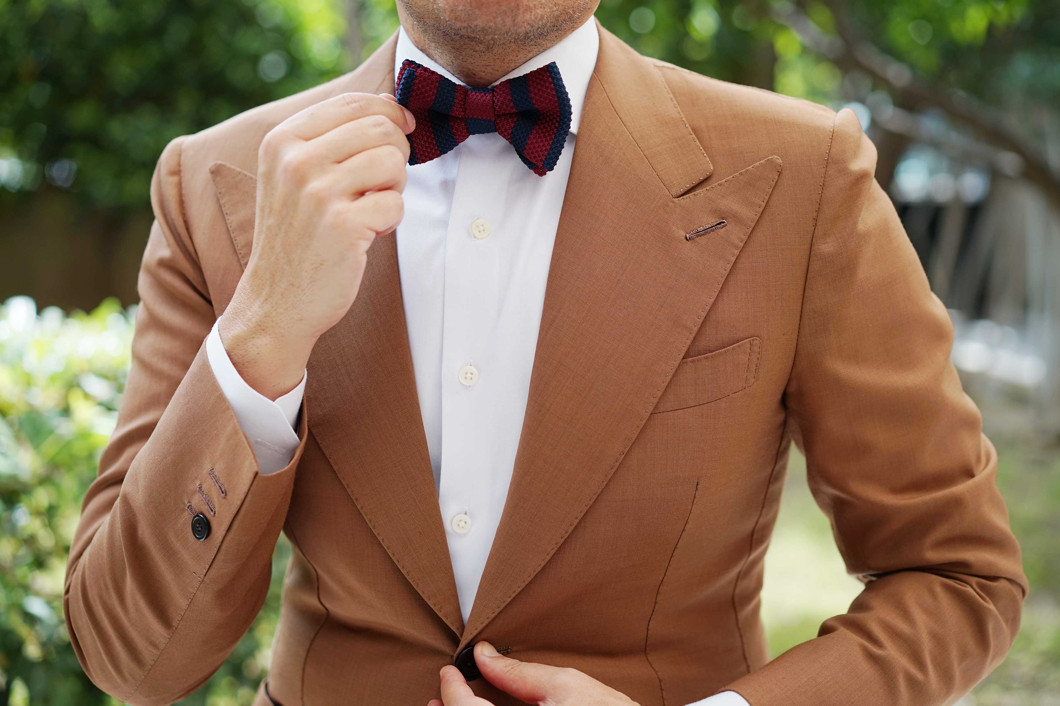 Maroon with Navy Blue Striped Knitted Bow Tie