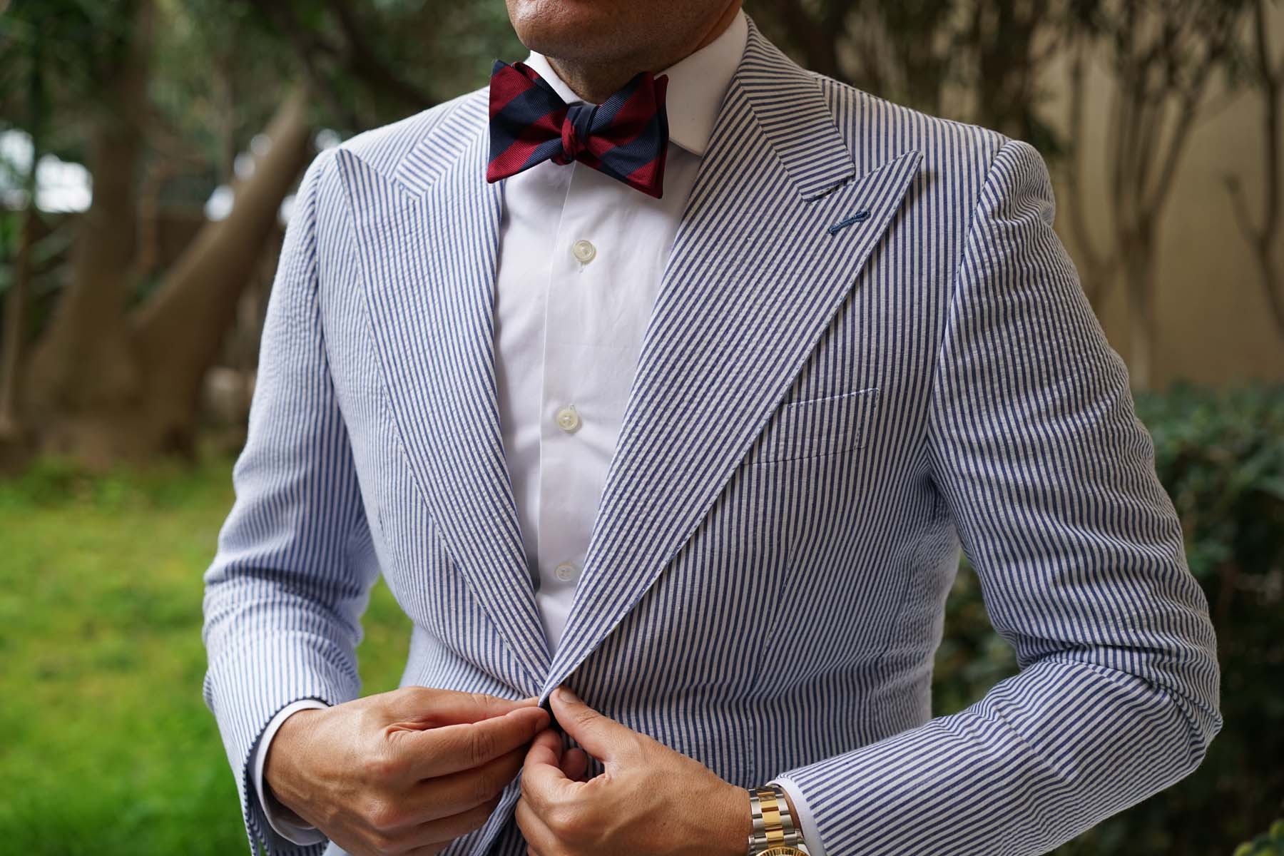 Burgundy & Navy Blue Stripes Self Bow Tie