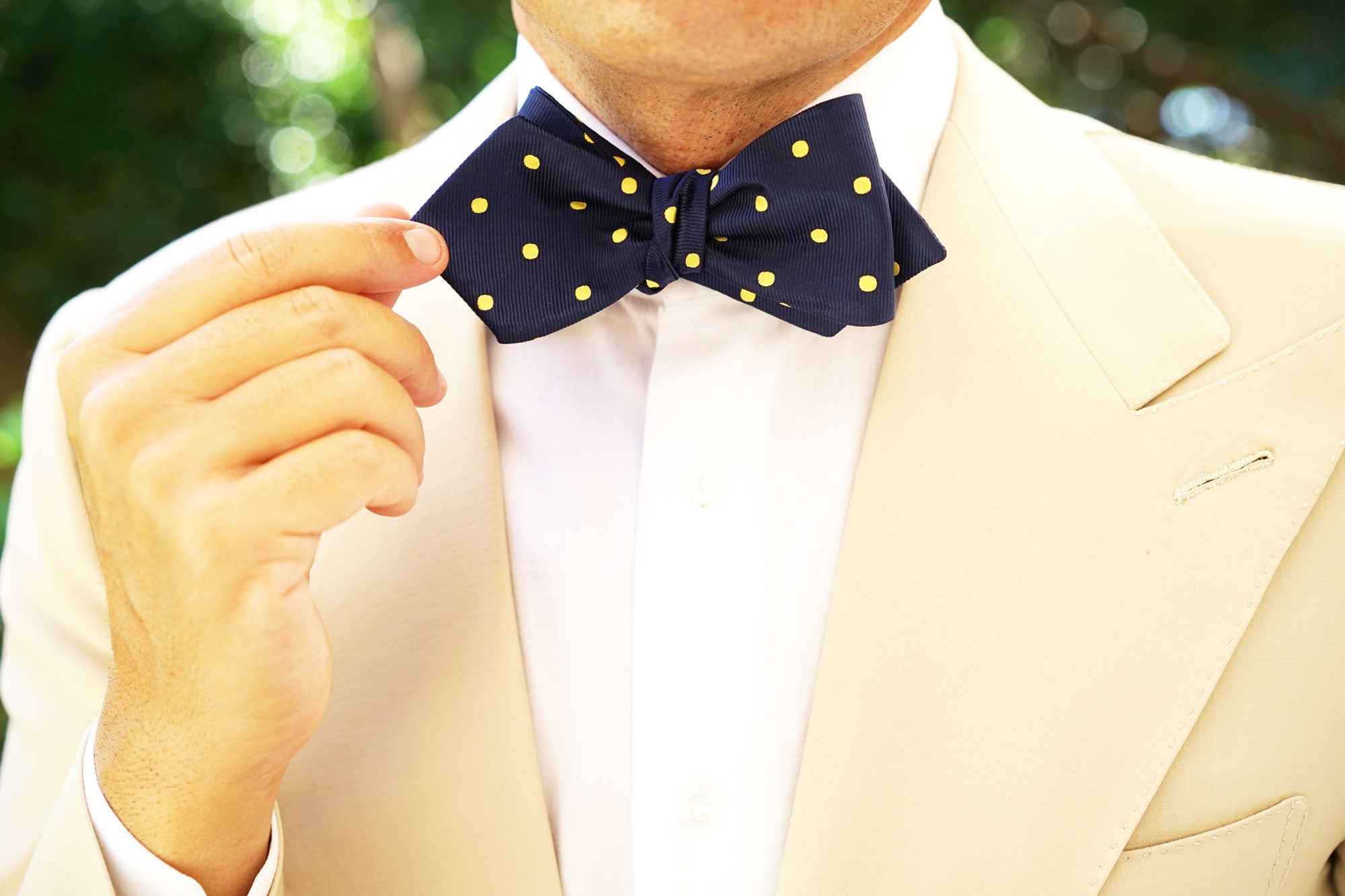 Navy on Large Yellow Dots Diamond Self Bow Tie