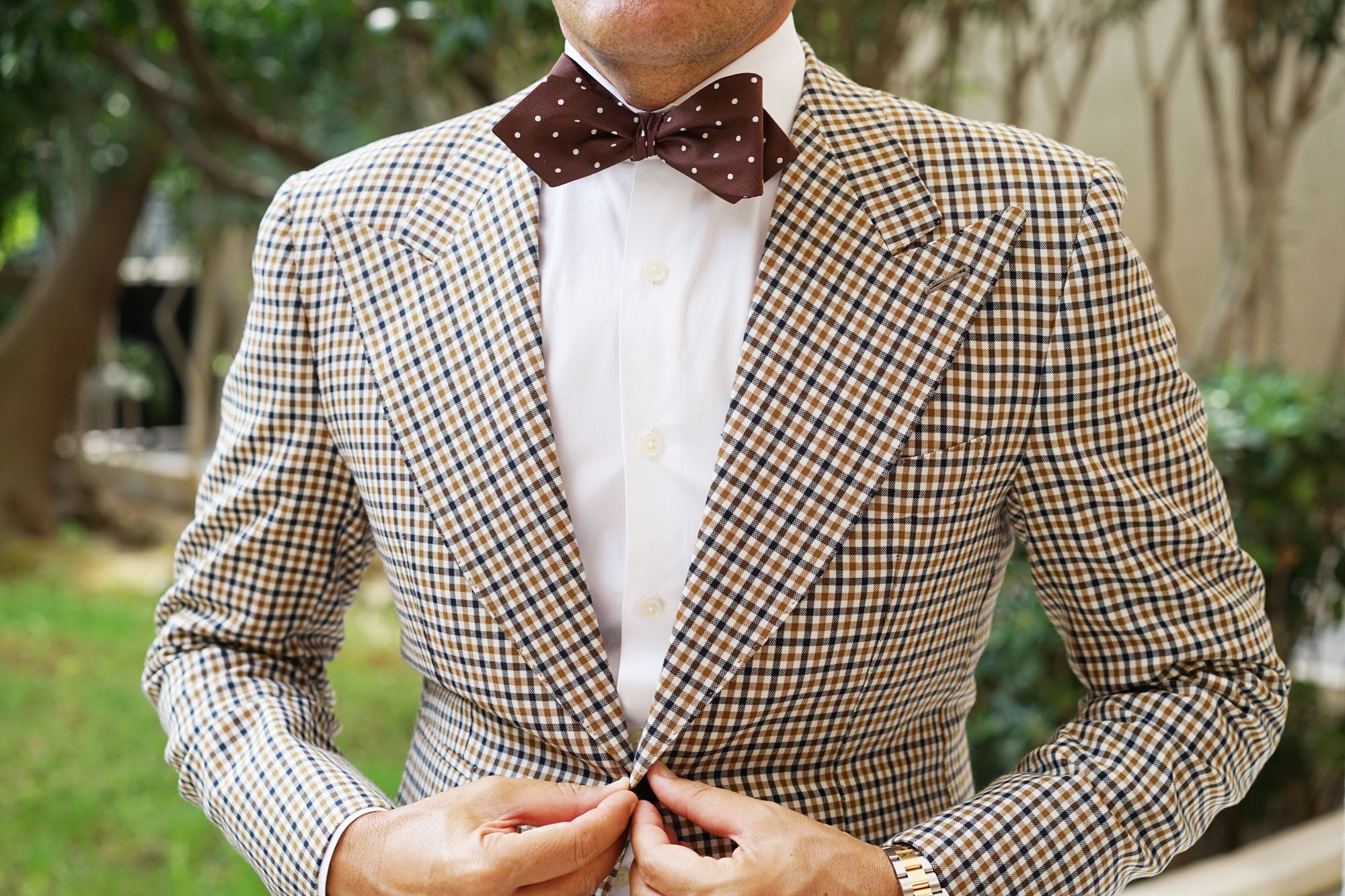 Brown with White Polka Dots Self Tie Diamond Tip Bow Tie