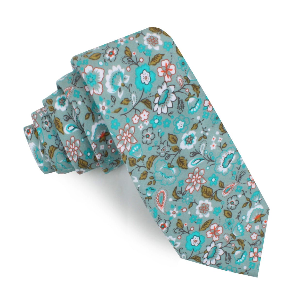 Japanese Sage Green Floral Skinny Tie