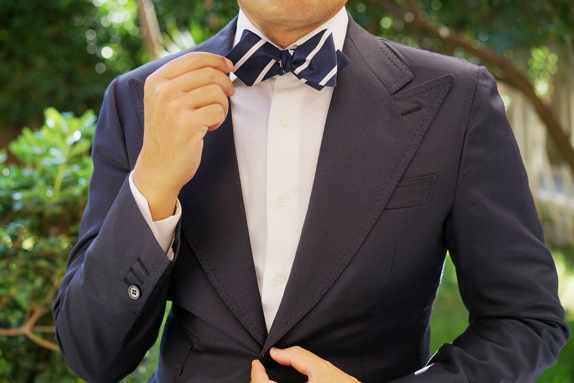 Navy Blue Pencil Stripe Diamond Self Bow Tie