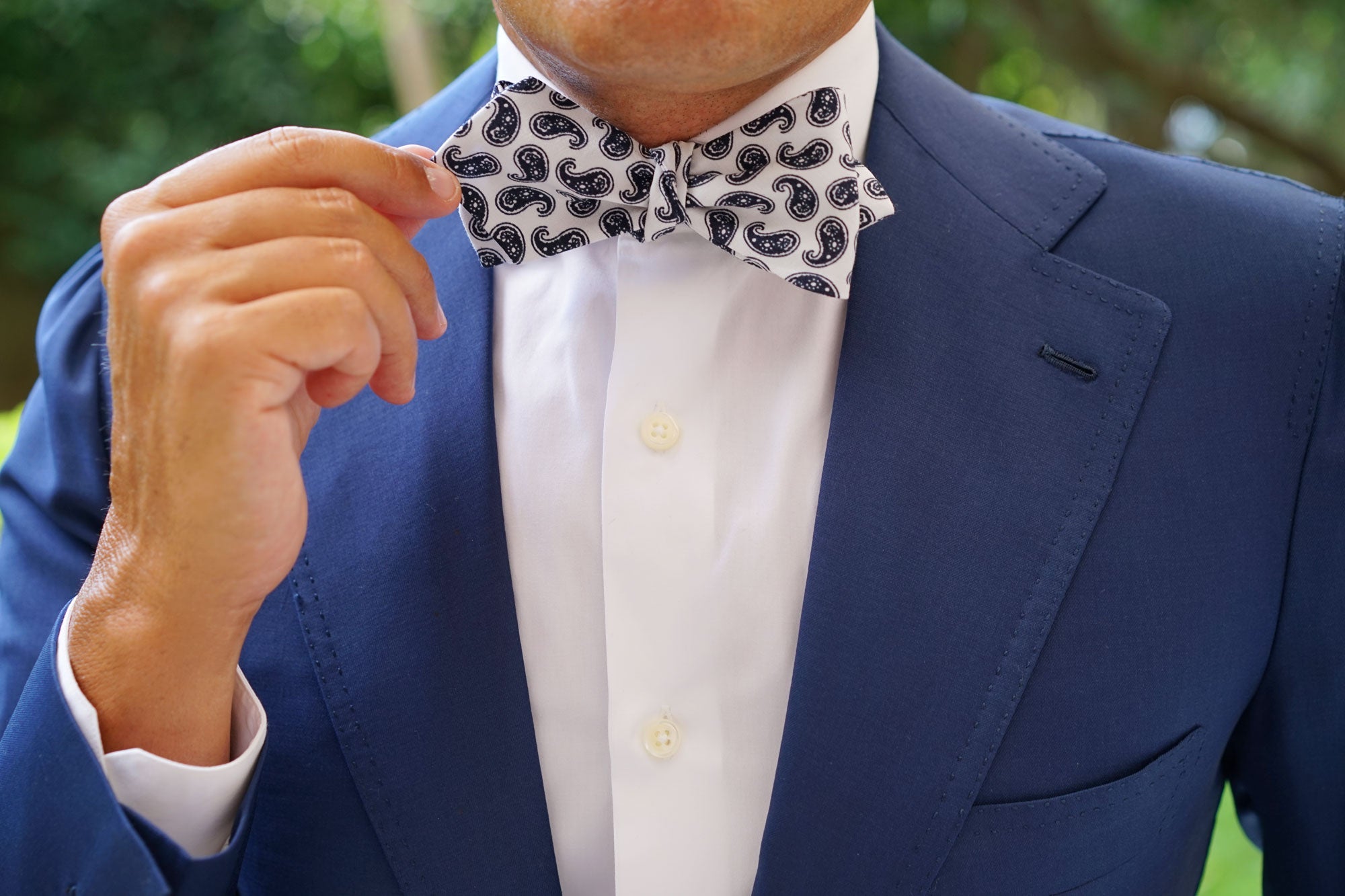 Picasso White on Blue Paisley Diamond Self Bow Tie