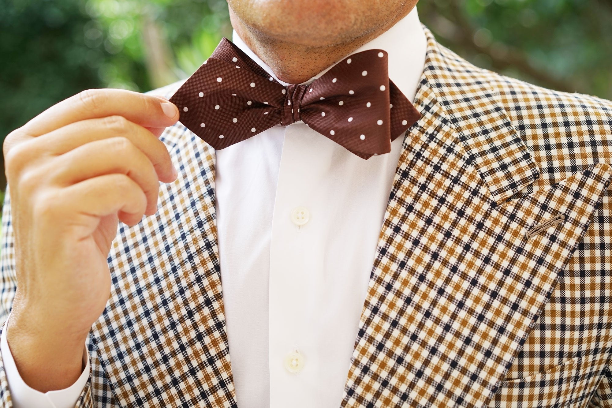 Brown with White Polka Dots Self Tie Diamond Tip Bow Tie