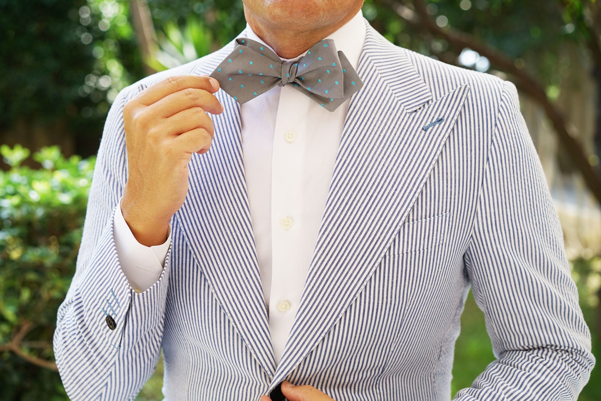 Grey with Mint Blue Polka Dots Self Tie Diamond Tip Bow Tie