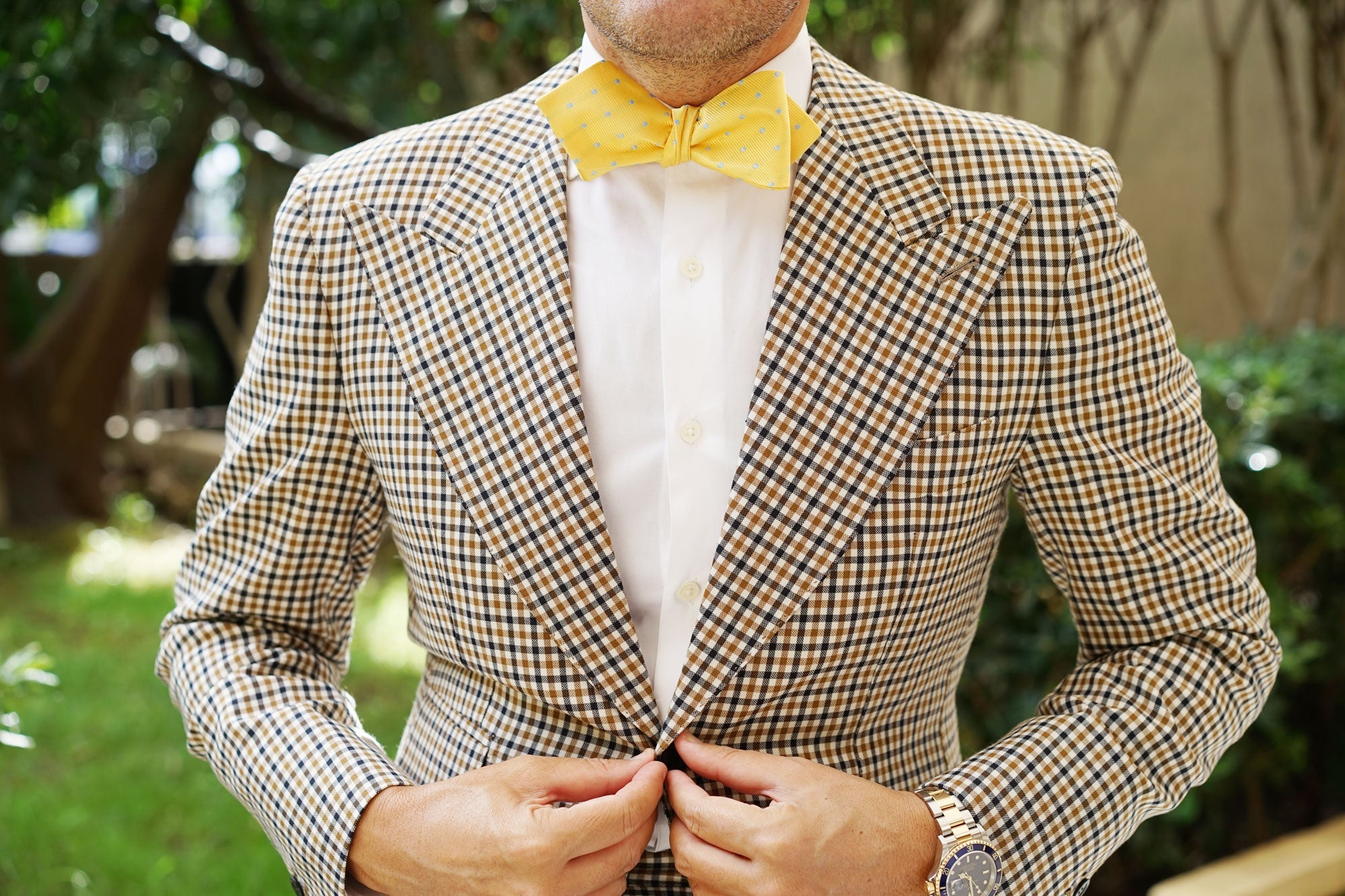 Yellow on Blue Pin Dots Diamond Self Bow Tie