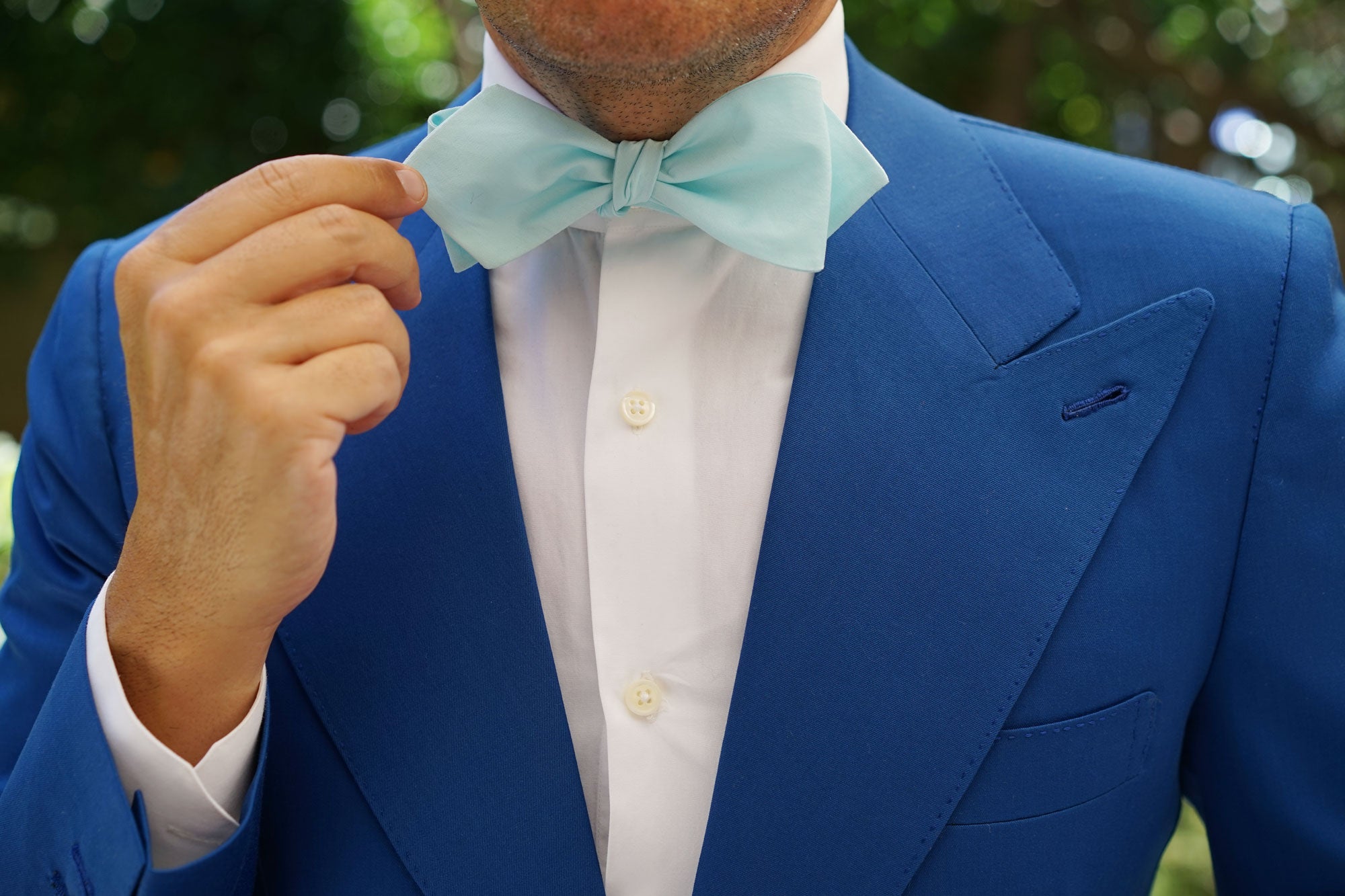 Mint Blue Cotton Self Tie Diamond Tip Bow Tie