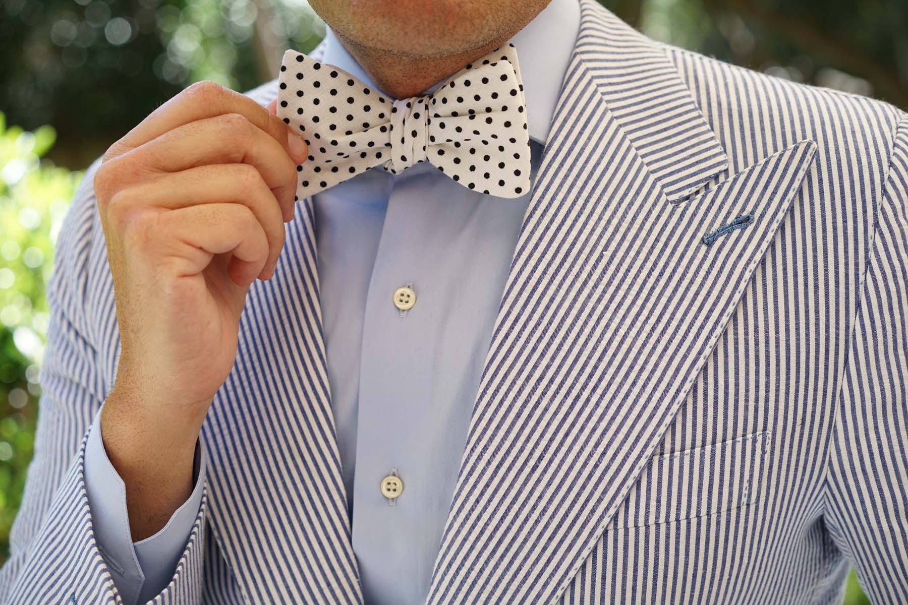 White with Black Polkadot Cotton Self Bow Tie