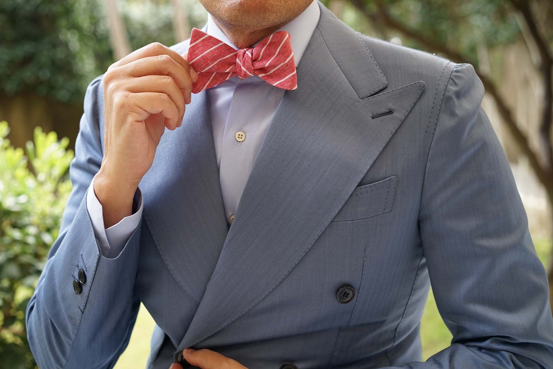 Crimson Red Linen Pinstripe Self Bow Tie