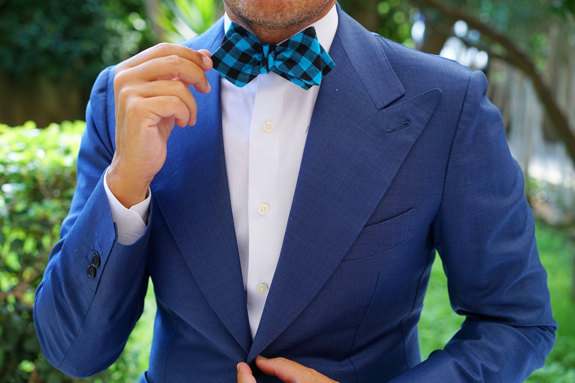 Grim Blue Gingham Diamond Self Bow Tie