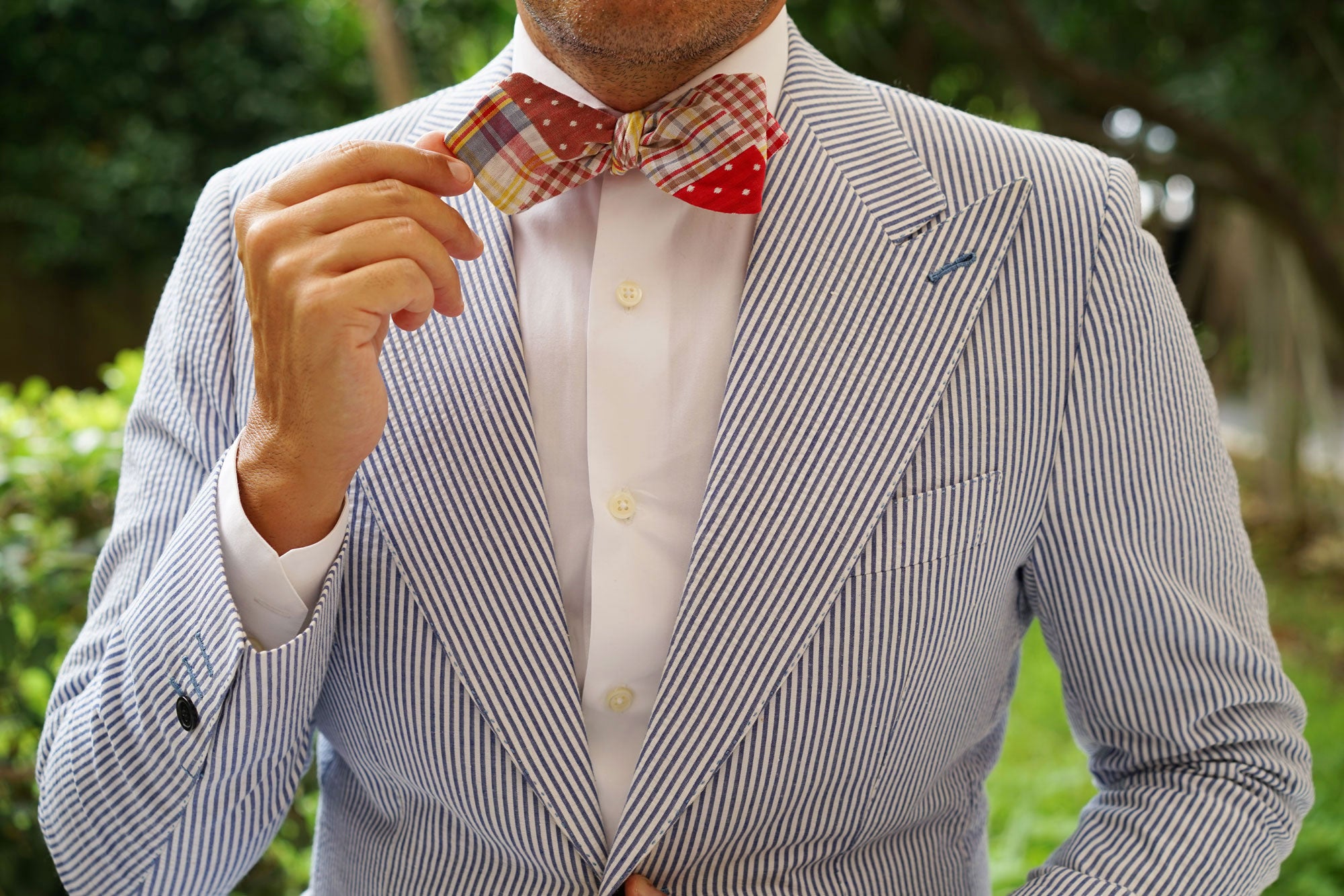 Plaid Red Gingham Cotton Polka Dot Self Tie Diamond Bow Tie