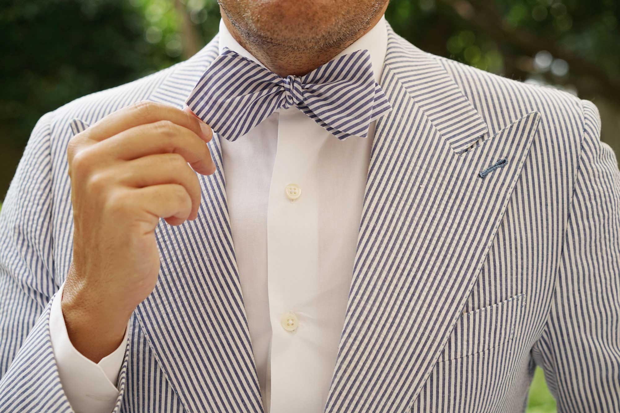 Blue Chalk Stripes Cotton Self Tie Diamond Bow Tie