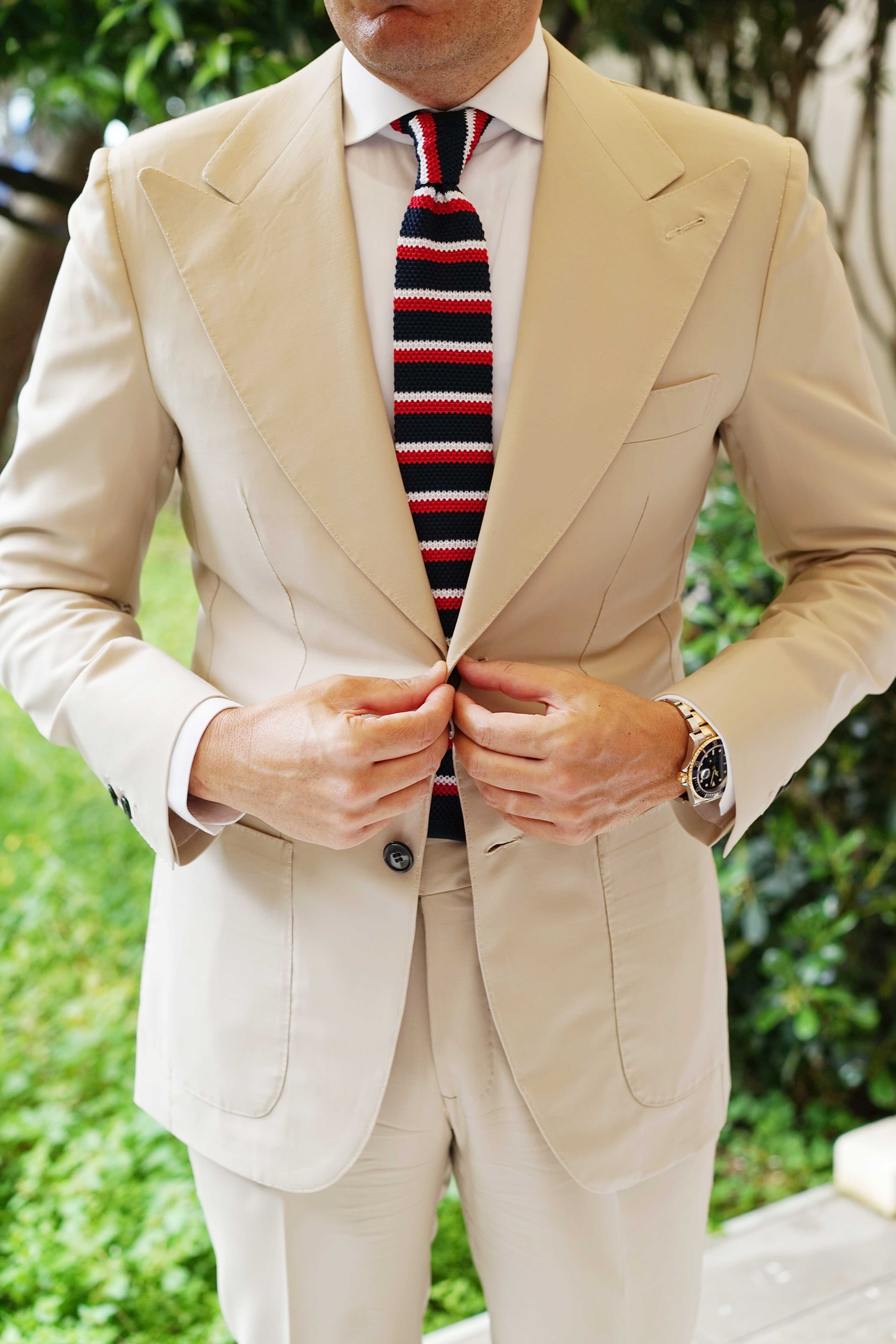 The Navy Blue American Knitted Tie with Red & White Stripes