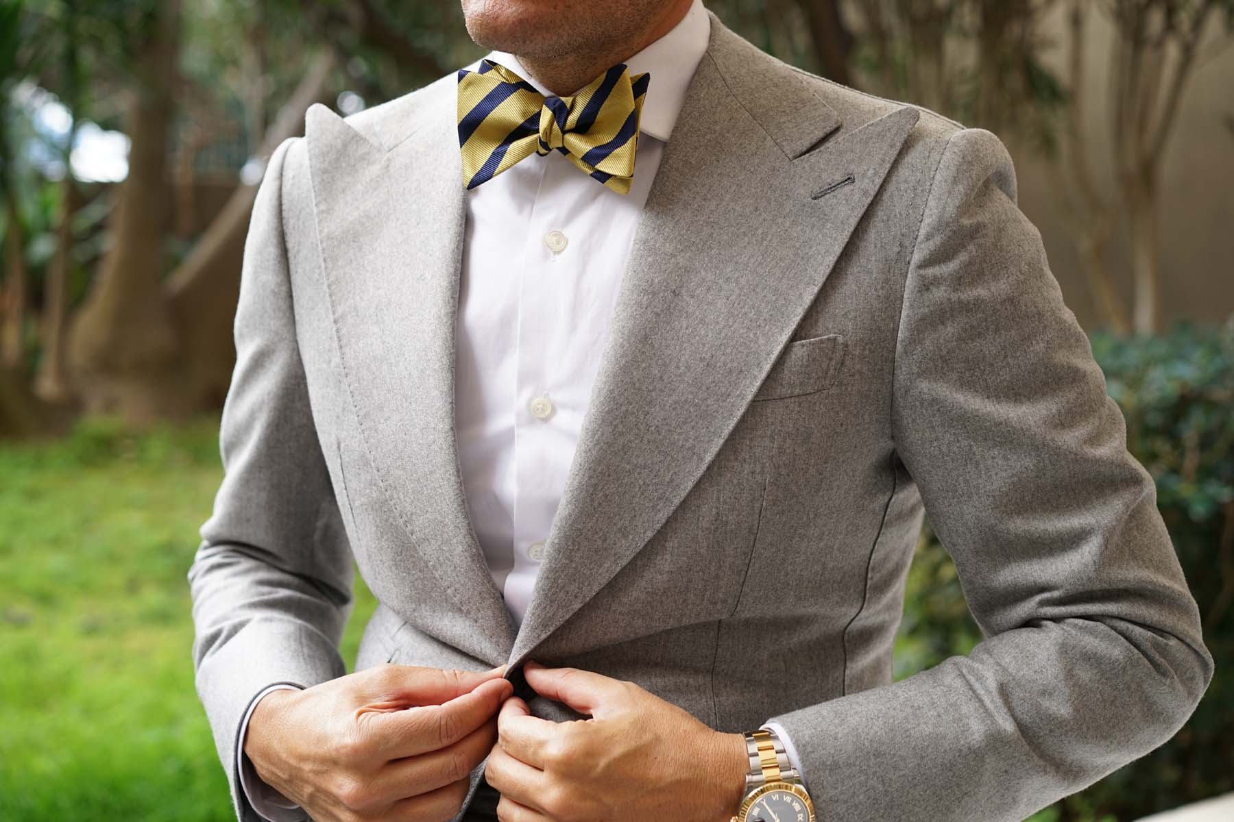 Navy Stripe Yellow Twill Self Bow Tie