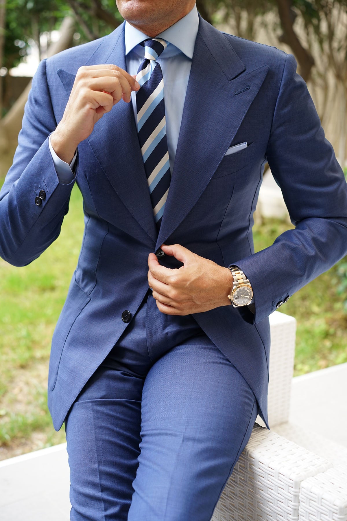 White Navy and Light Blue Striped Skinny Tie