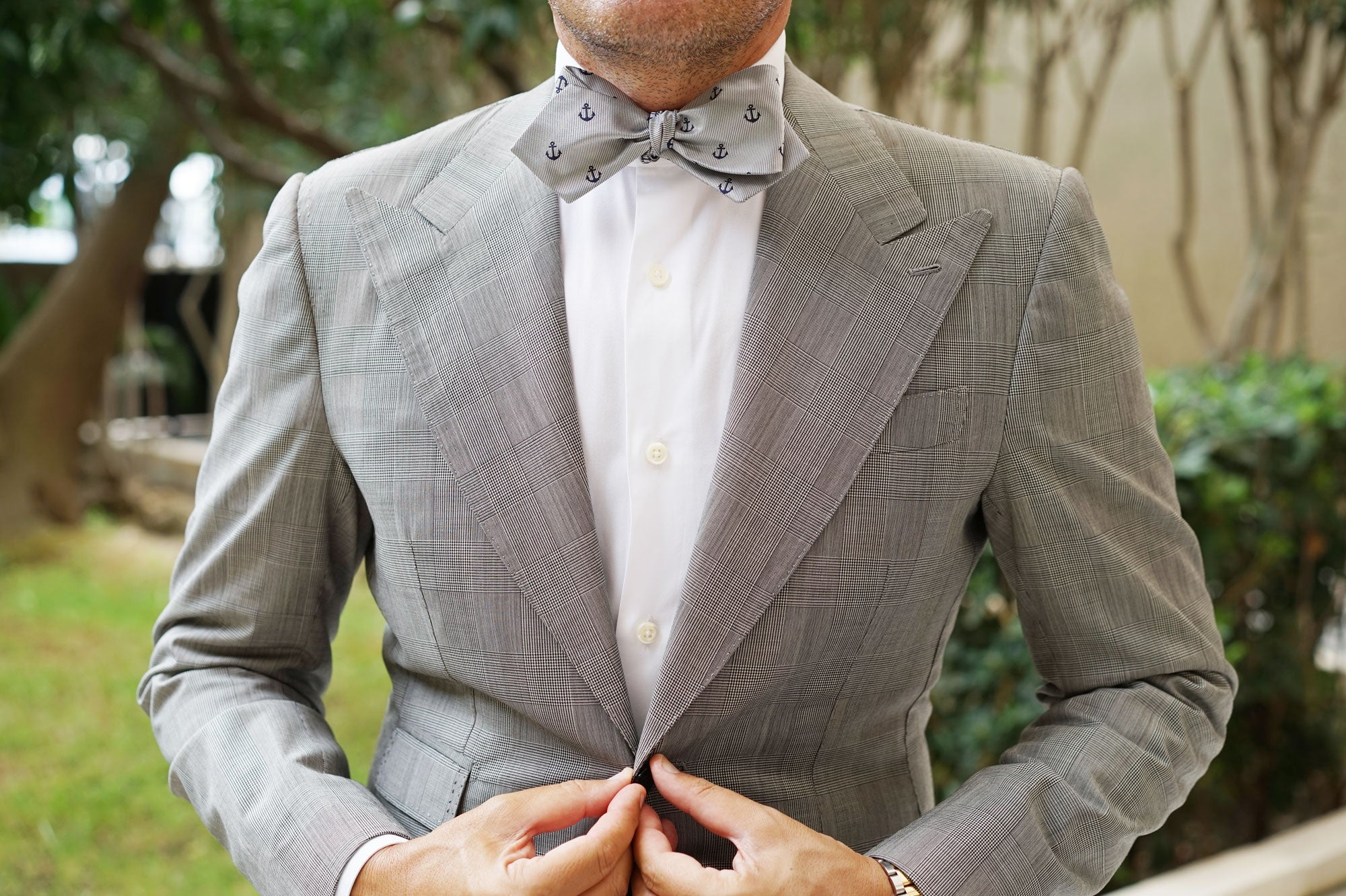 The OTAA Light Grey with Navy Blue Anchors Self Tie Diamond Tip Bow Tie