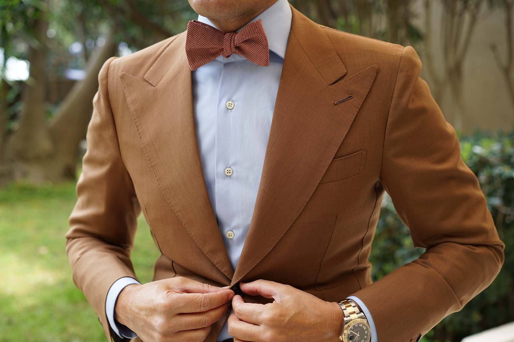 Khaki Red Houndstooth Blend Self Bow Tie