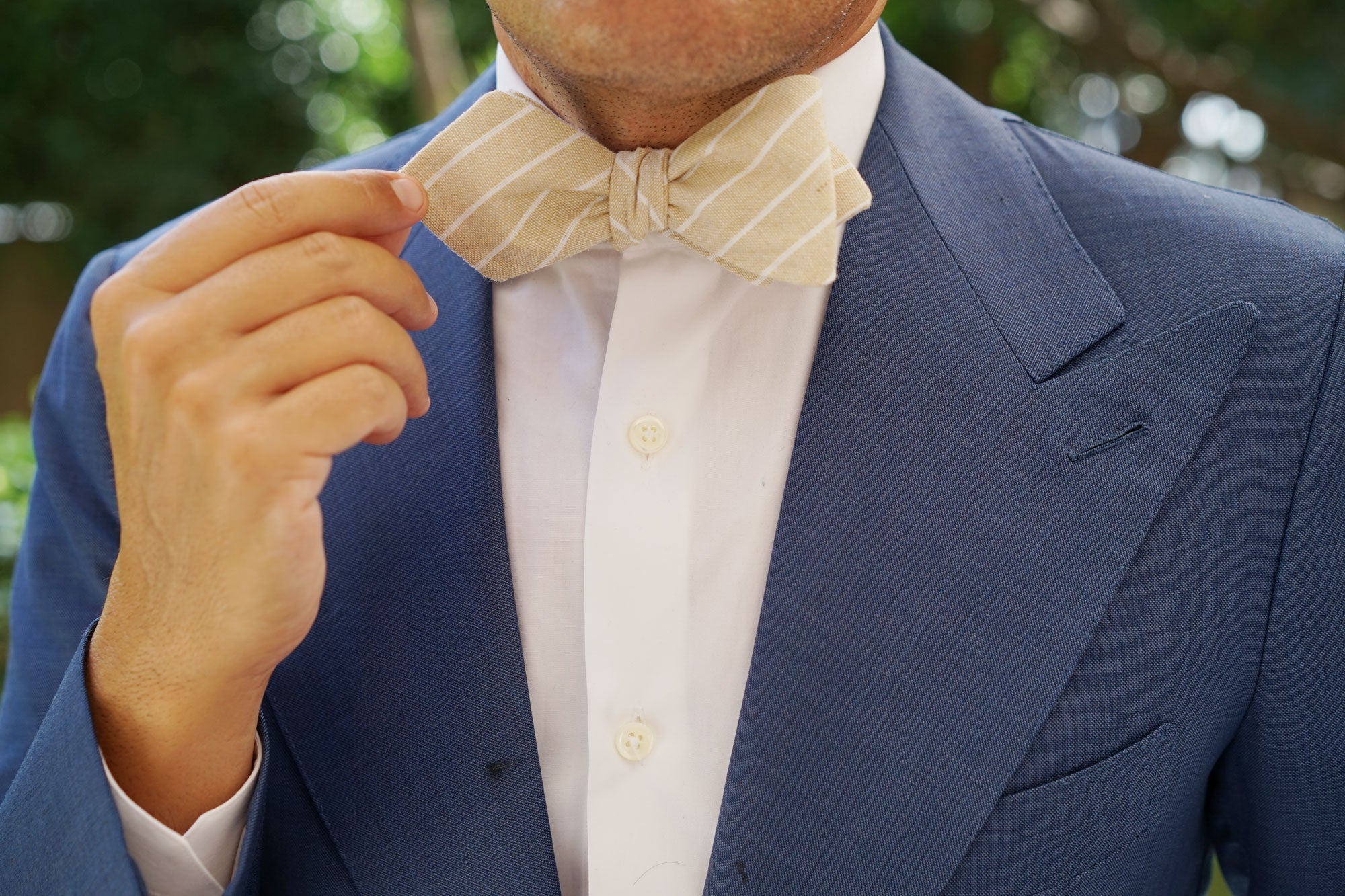 Khaki Linen Pinstripe Diamond Self Bow Tie