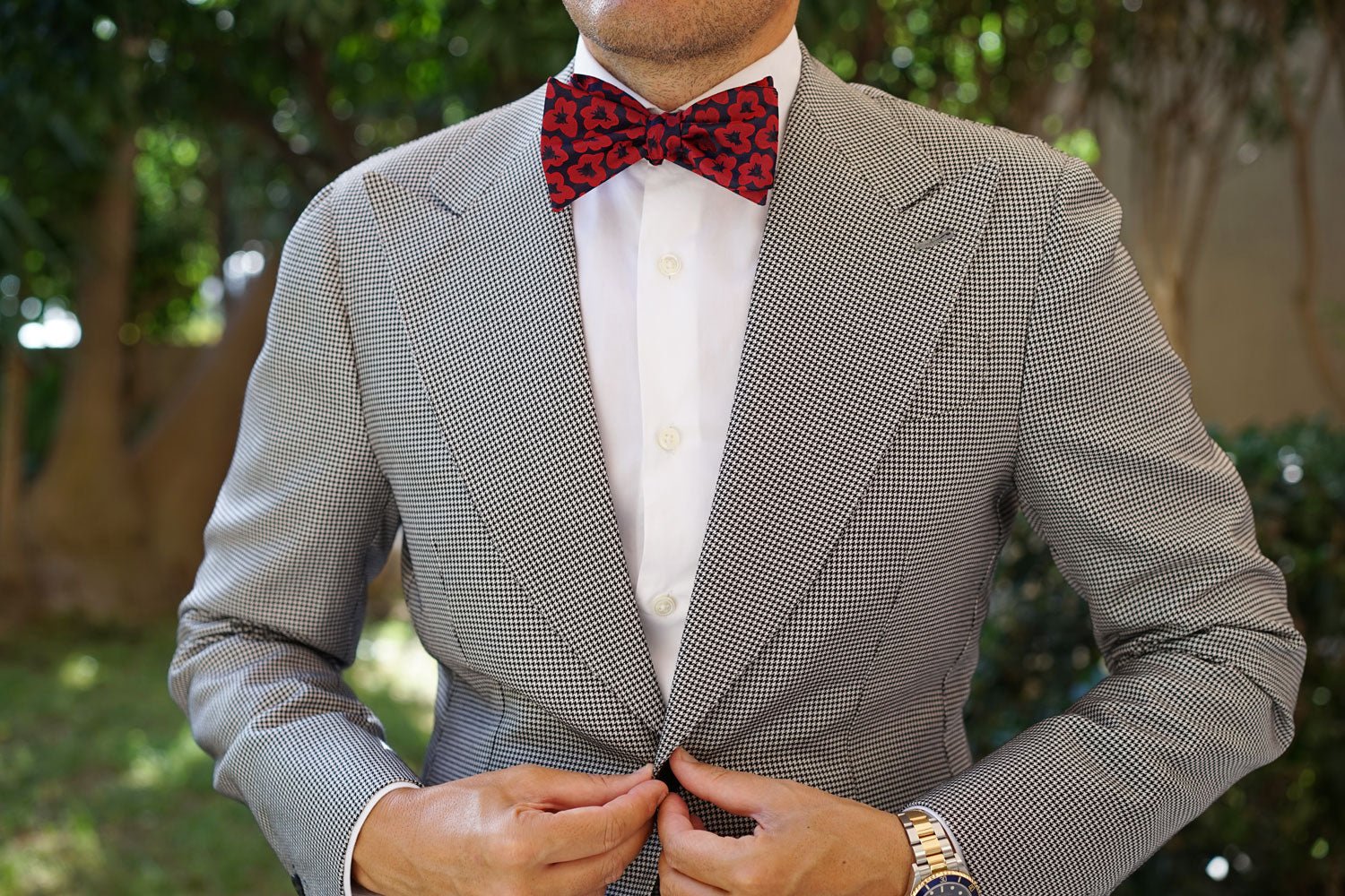 Red Poppy Floral Self Bow Tie